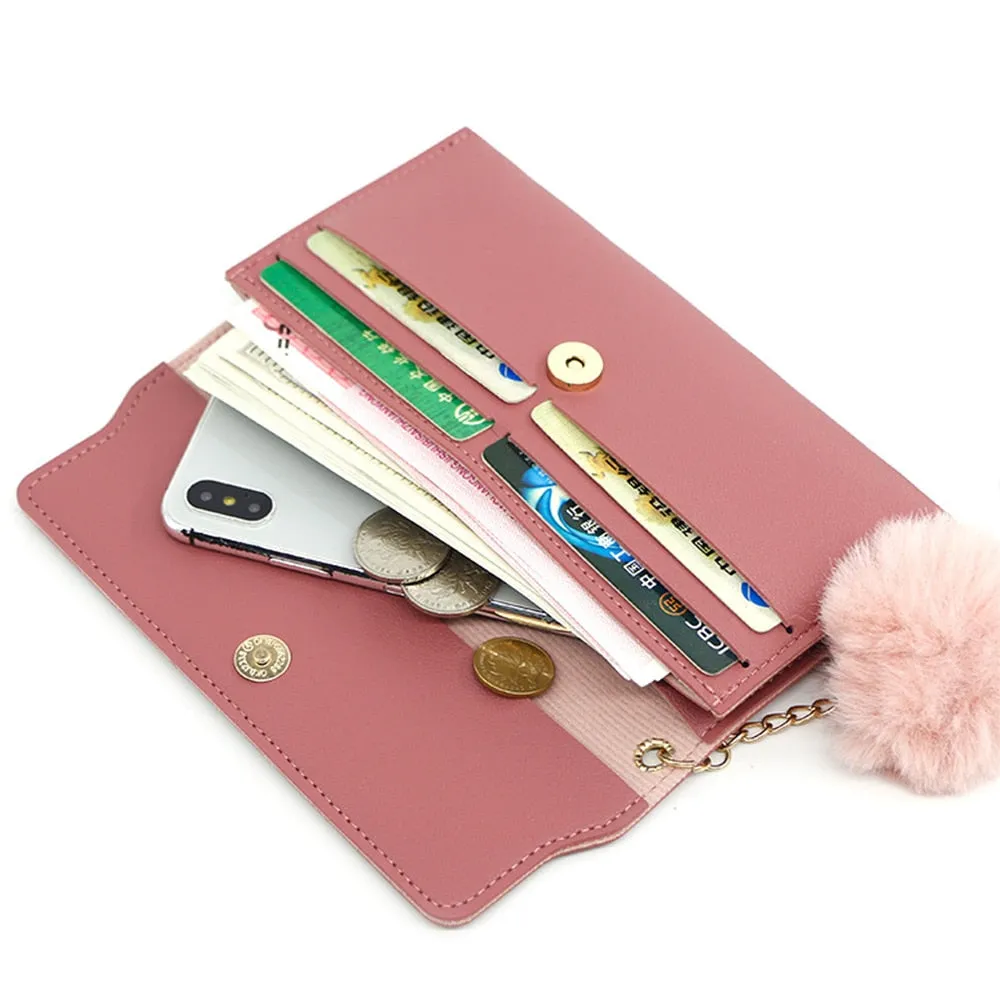 Butterfly Designer Women Long Wallets PU Leather Money Bag Solid Wool Ball Bow Clutch Bag Large Capacity Card Bag Coin Purse