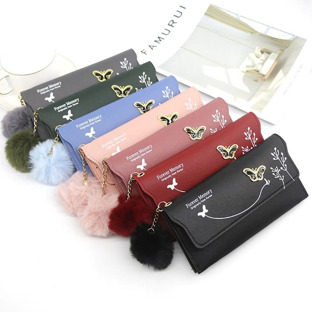 Butterfly Designer Women Long Wallets PU Leather Money Bag Solid Wool Ball Bow Clutch Bag Large Capacity Card Bag Coin Purse