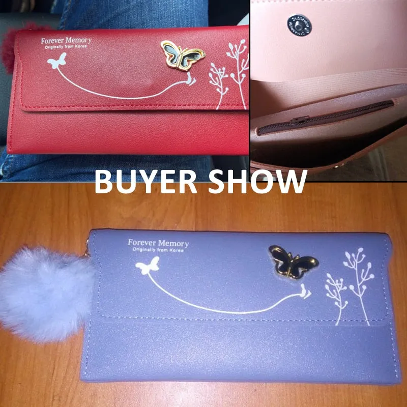 Butterfly Designer Women Long Wallets PU Leather Money Bag Solid Wool Ball Bow Clutch Bag Large Capacity Card Bag Coin Purse