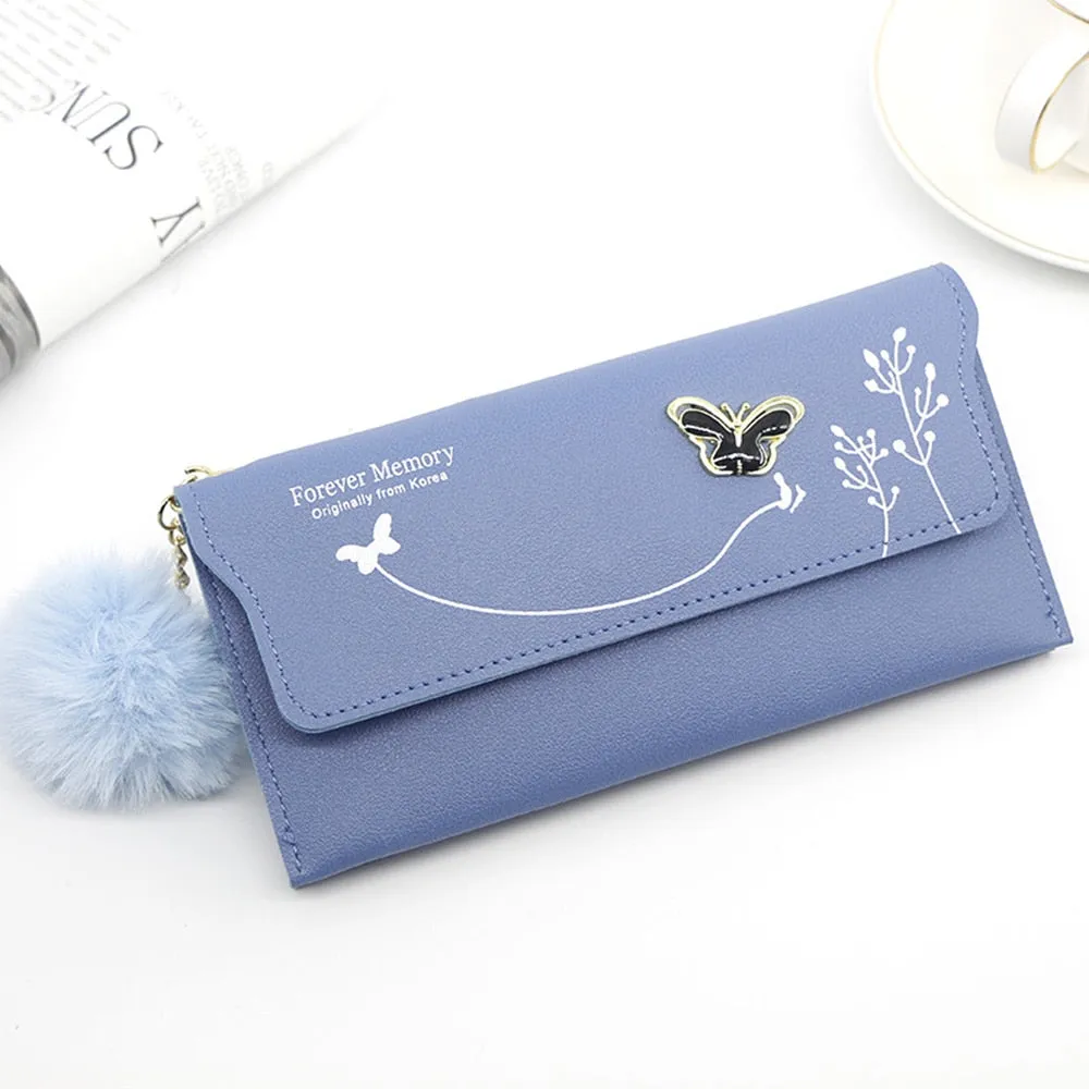 Butterfly Designer Women Long Wallets PU Leather Money Bag Solid Wool Ball Bow Clutch Bag Large Capacity Card Bag Coin Purse