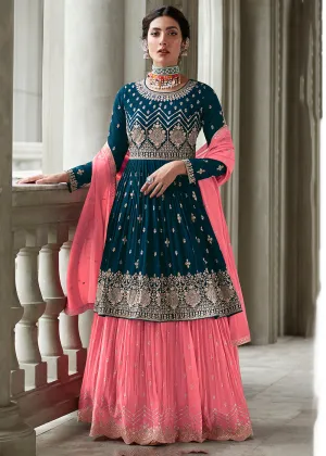 Charming Blue & Pink Sharara Top Style Lehenga Anarkali