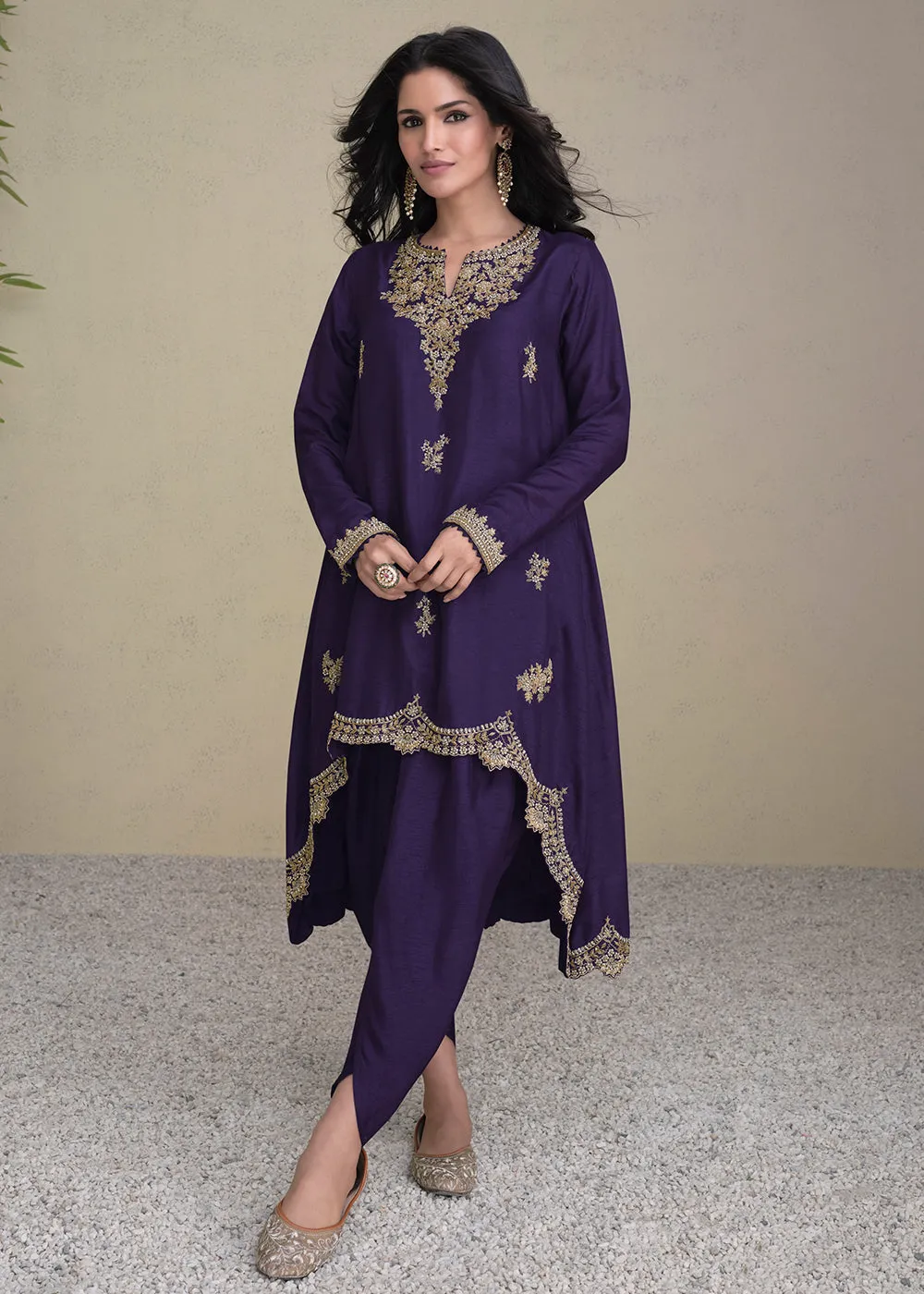 Charming Blue Silk Embroidered Festive Dhoti Style Suit