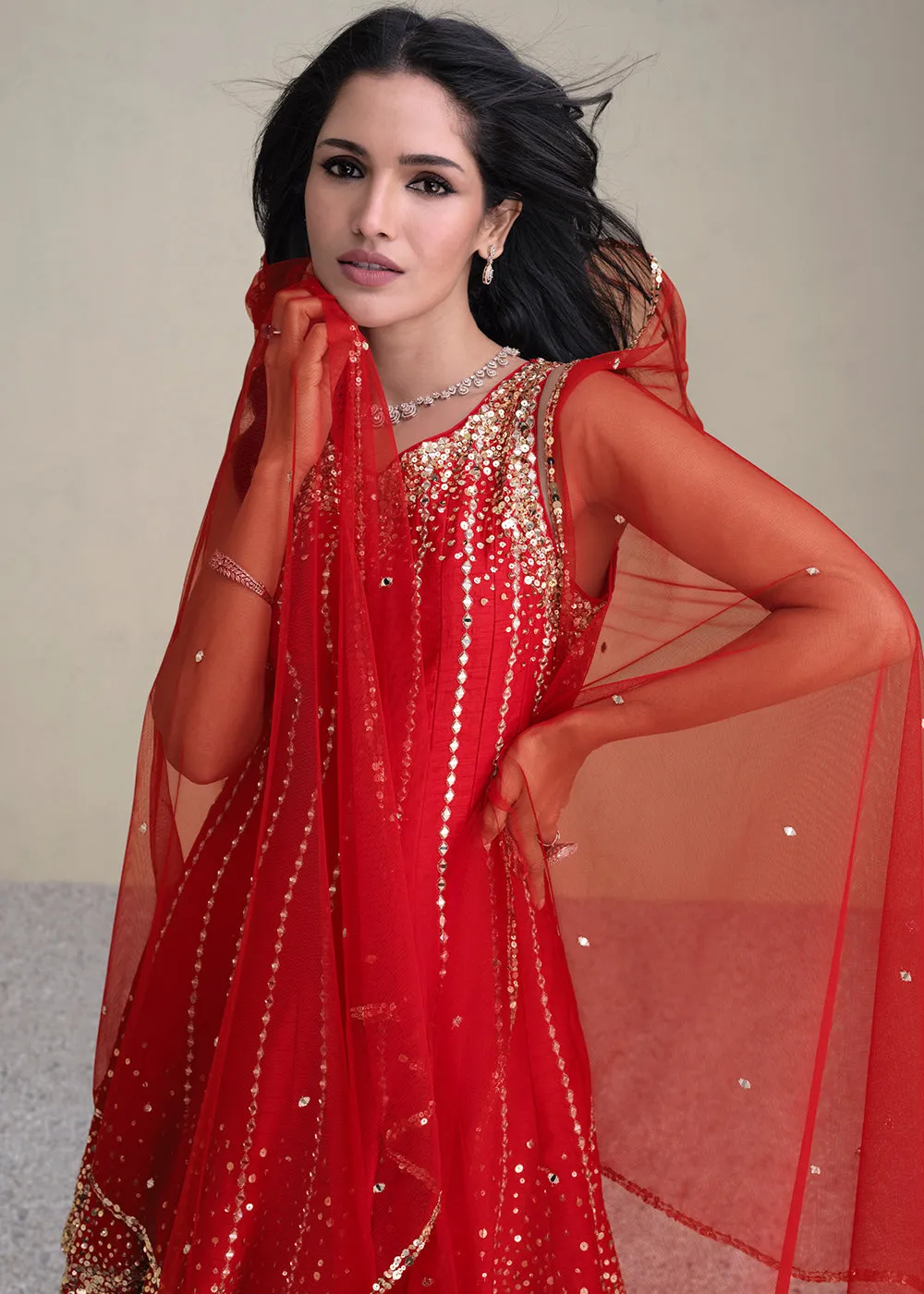 Charming Red Silk Embroidered Festive Dhoti Style Suit