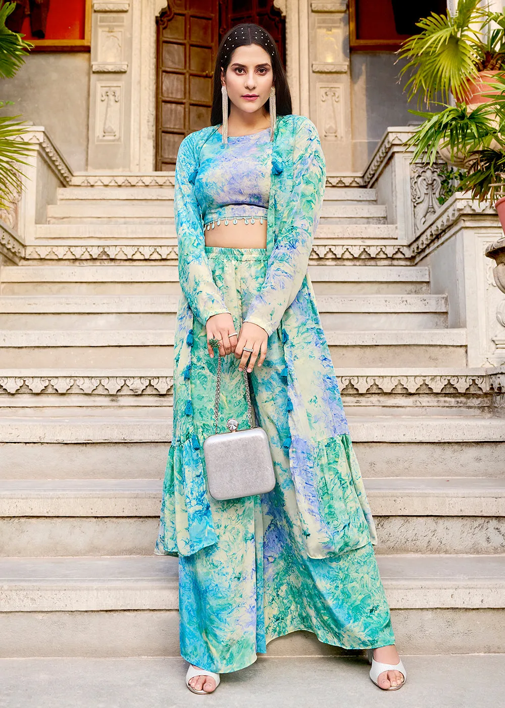 Charming Sky Blue Printed Koti Style Co-Ords Indo-Western Suit