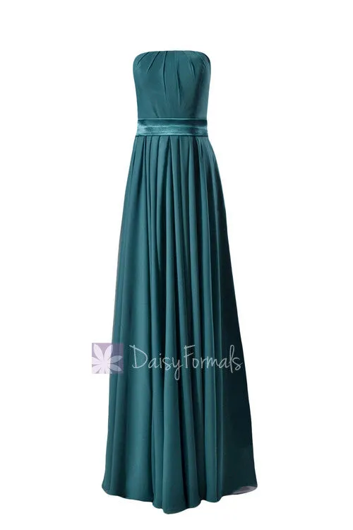 Charming Strapless Chiffon Bridesmaid Dress Long Dark Teal Evening Dress(BM7893)