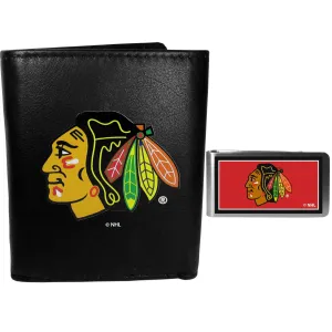 Chicago Blackhawks Leather Tri-fold Wallet & Color Money Clip