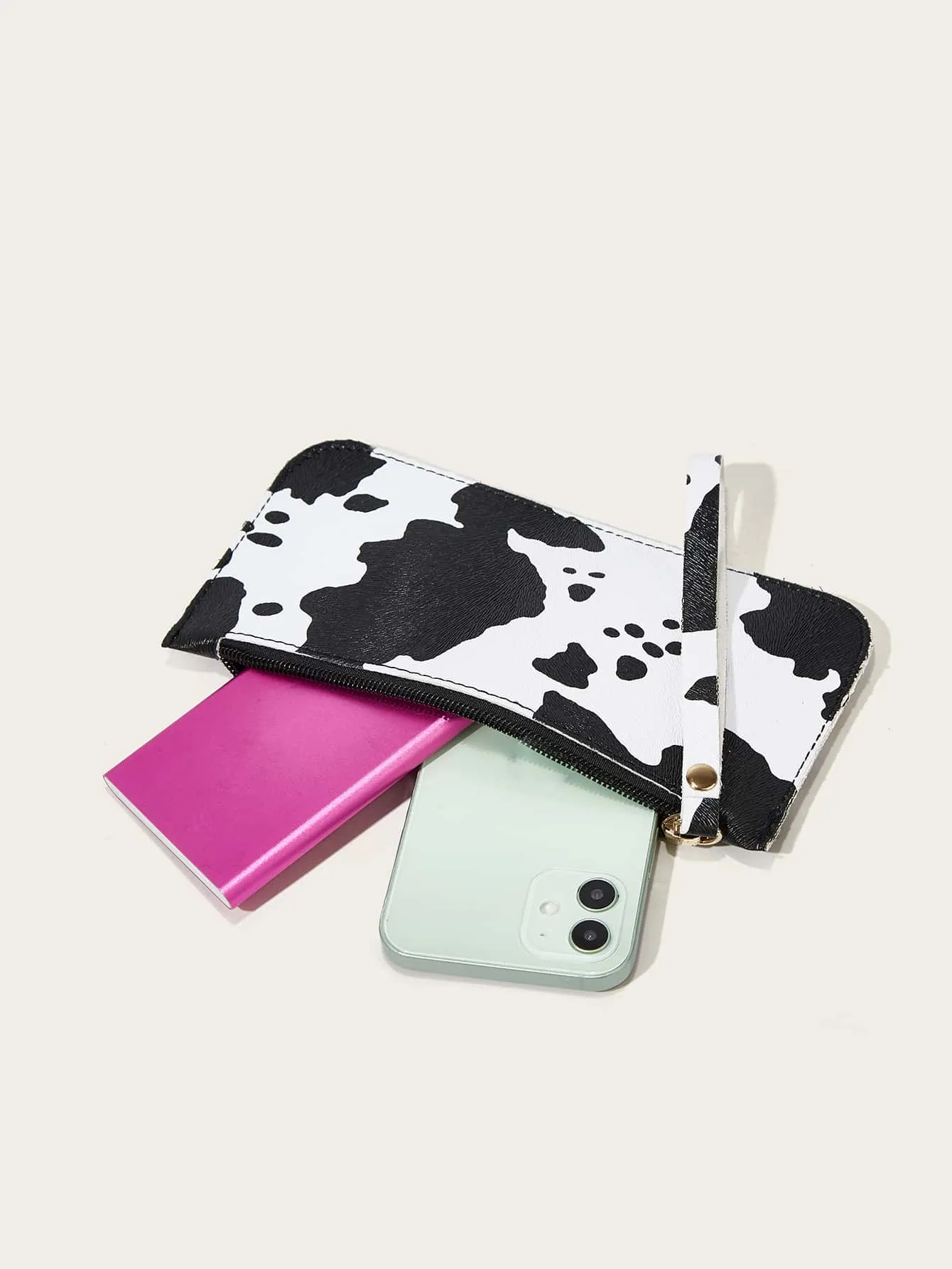 Cow Pattern Clutch Bag With Wristlet