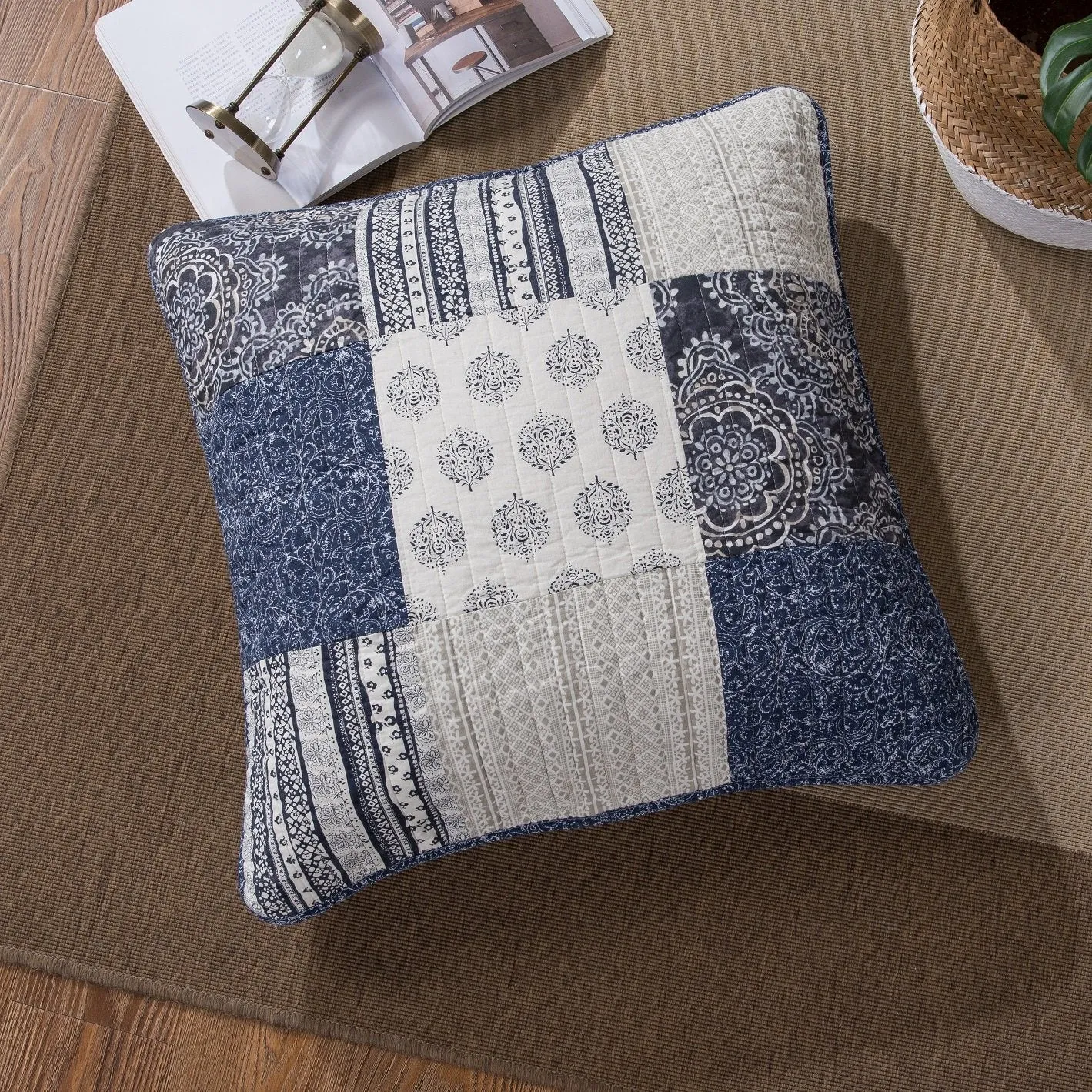 DaDa Bedding Patchwork Denim Blue Elegance Bohemian Euro Sham - 26” x 26" - 1PC (JHW660)