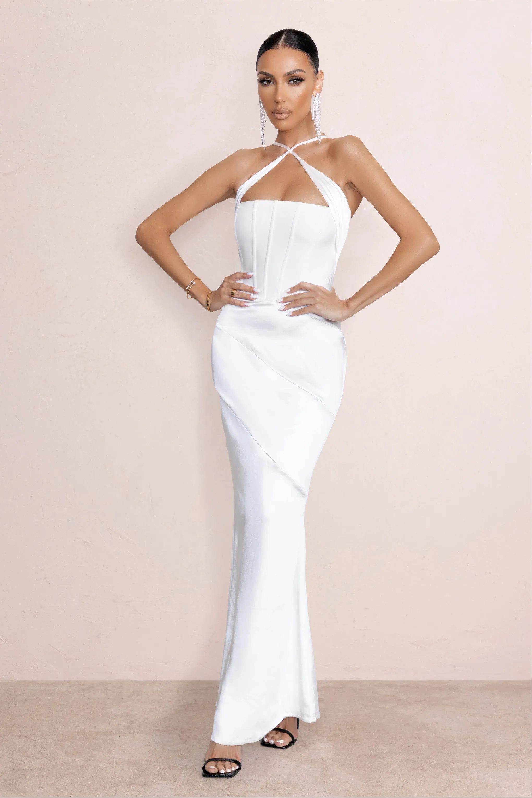 Dulcet | White Cross Over Neck Corset Maxi Dress