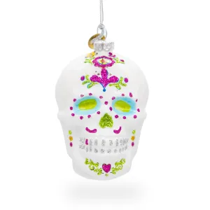 Elegantly Decorated White Skull - Blown Glass Christmas Ornament