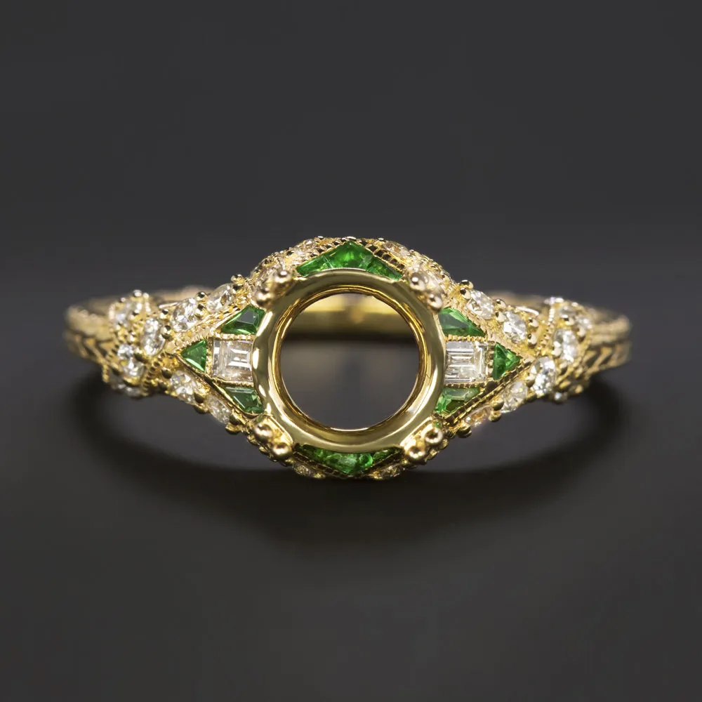 EMERALD DIAMOND 6.5mm ROUND ENGAGEMENT RING SETTING VINTAGE STYLE ART DECO GOLD