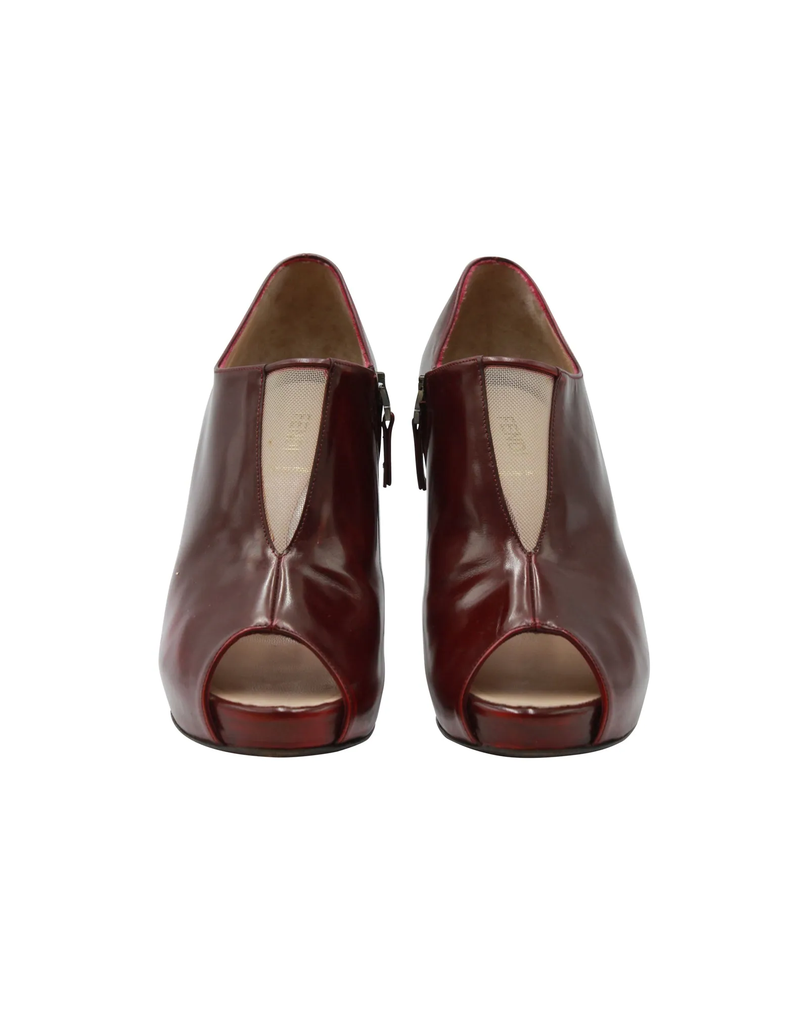 Fendi Cut-Out Peep-Toe Ankle Boots in Burgundy Leather