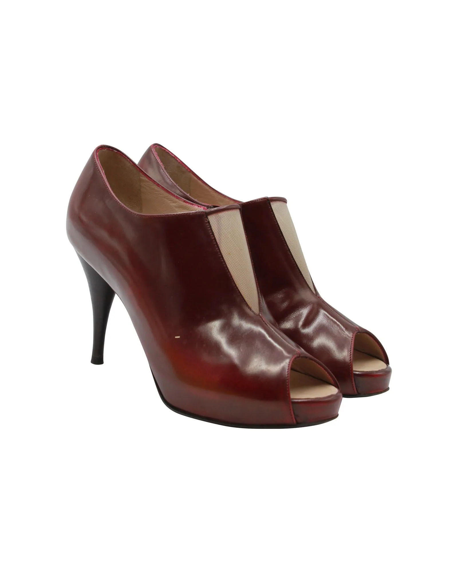 Fendi Cut-Out Peep-Toe Ankle Boots in Burgundy Leather