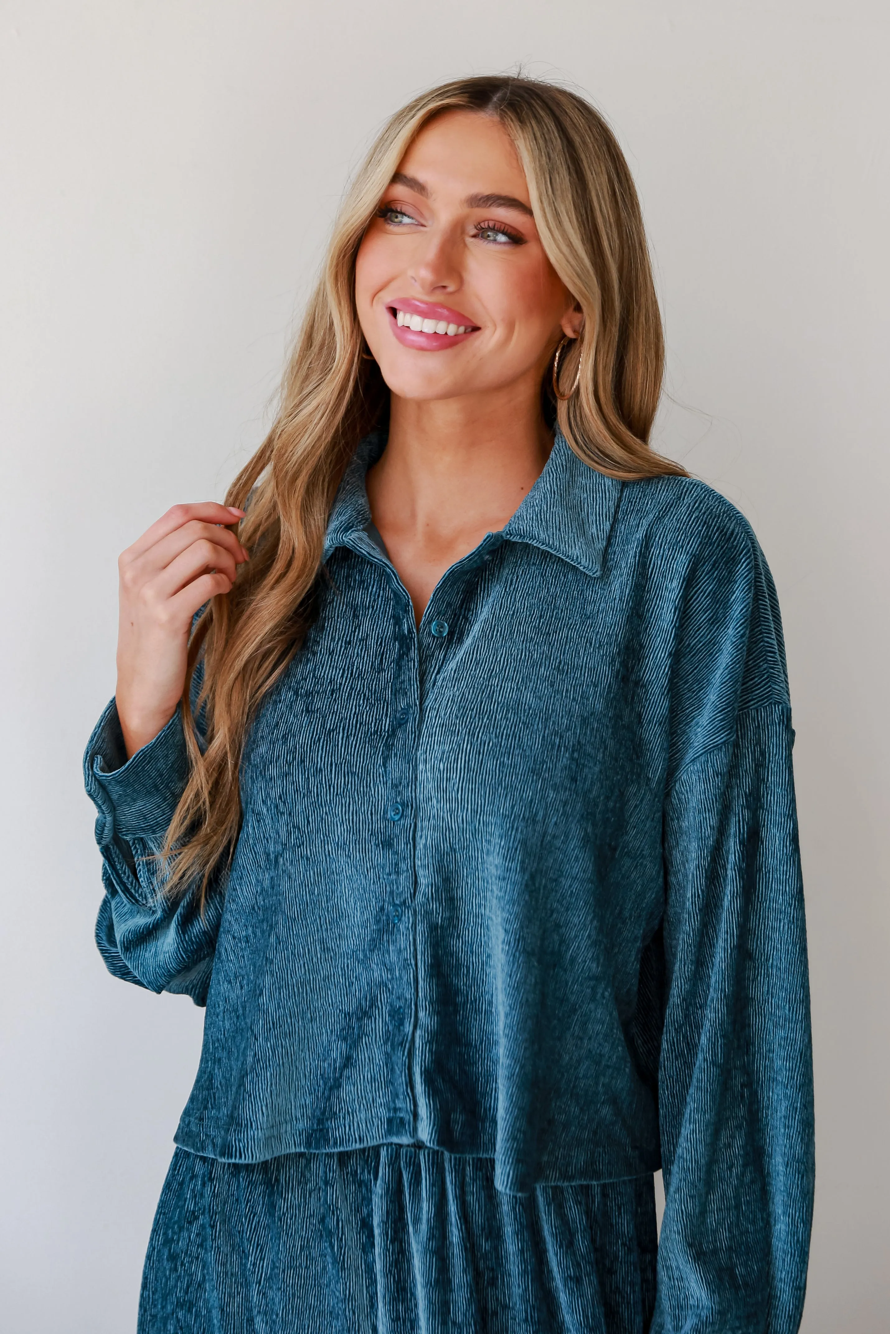 FINAL SALE - Luxurious Dream Teal Velvet Plisse Blouse