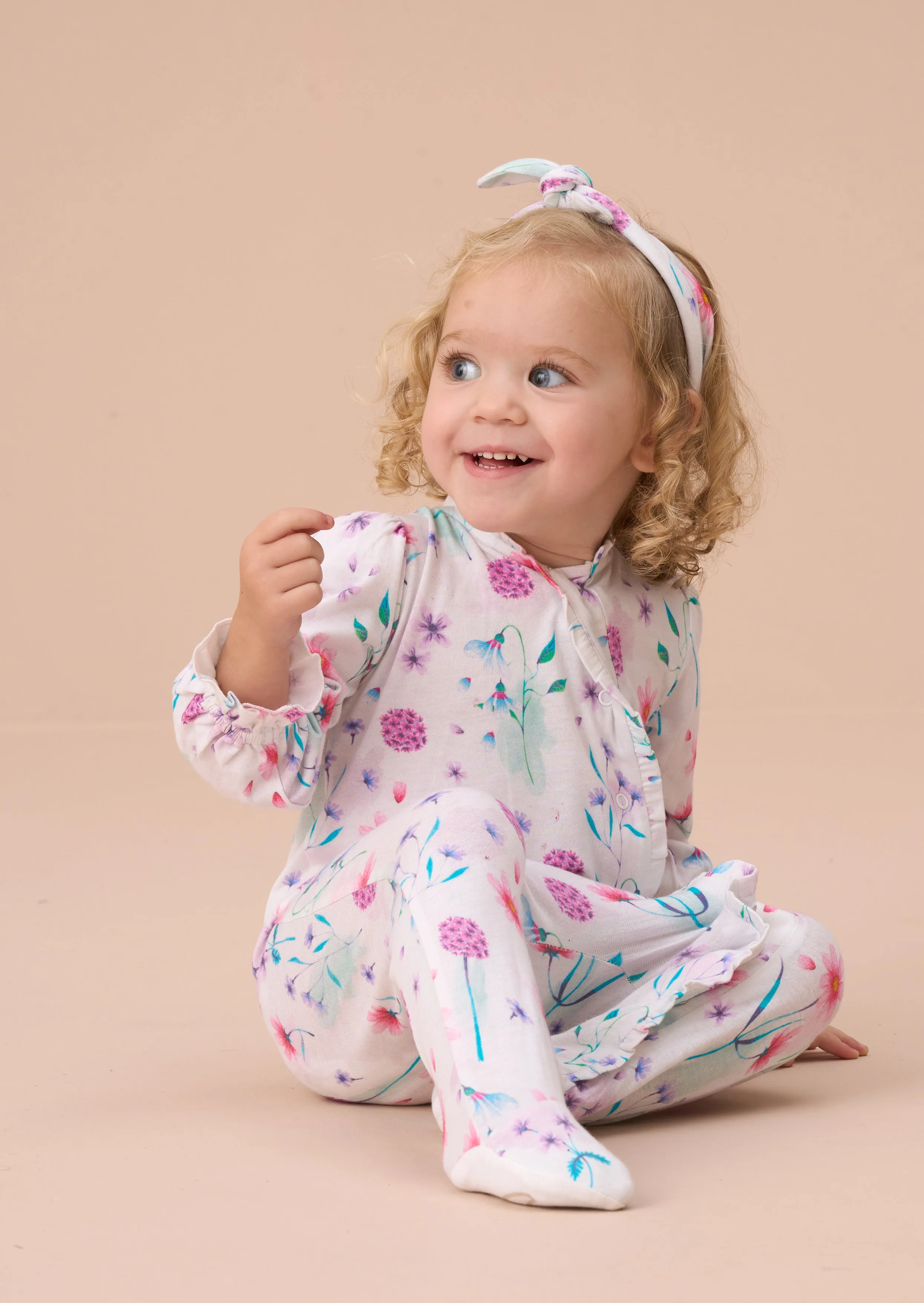 Fleur White Water Colour Print Frill Babygrow & Headband