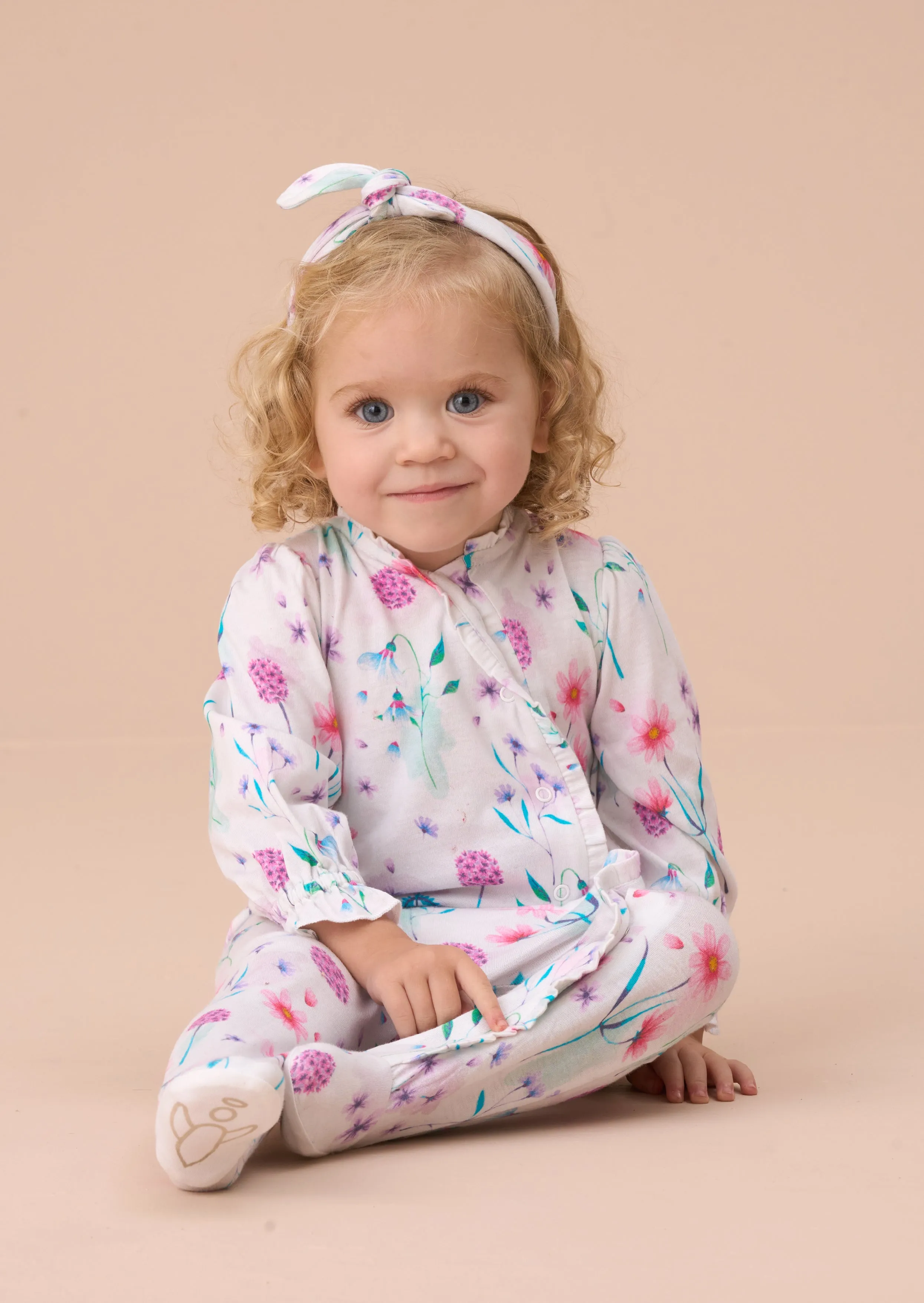 Fleur White Water Colour Print Frill Babygrow & Headband