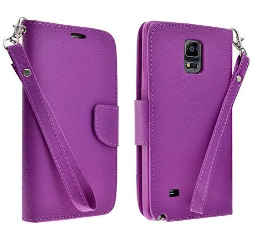 Galaxy Note 4 Case, Wrist Strap Magnetic Fold[Kickstand] Pu Leather Wallet Case with ID & Credit Card Slots for Samsung Galaxy Note 4 - Purple