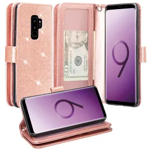 Galaxy S9 Plus Case, Samsung Galaxy S9 Plus Case, Glitter Faux Leather Flip Credit Card Holder Wrist Strap Shockproof Protective Wallet Case Clutch for Samsung Galaxy S9 Plus - Rose Gold