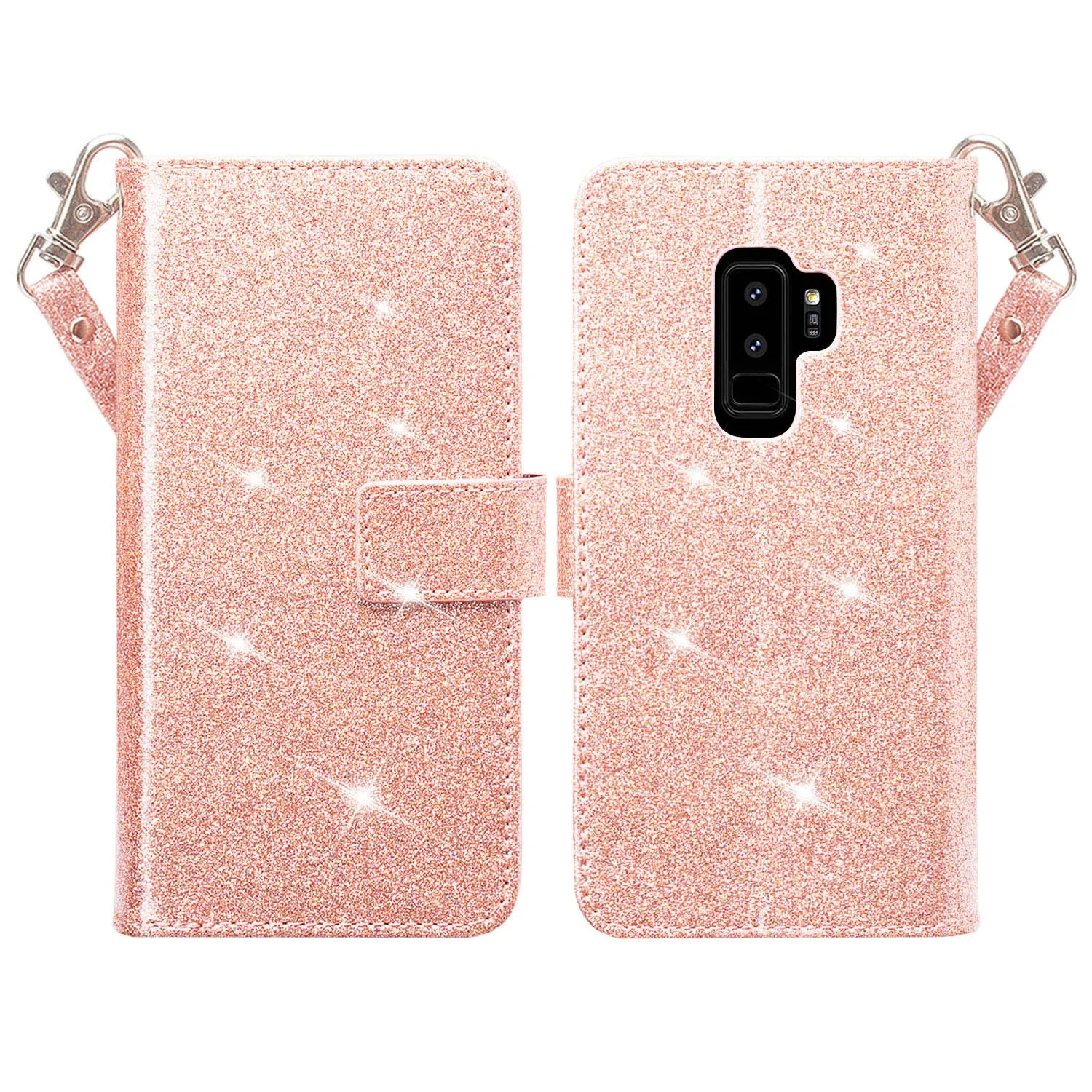 Galaxy S9 Plus Case, Samsung Galaxy S9 Plus Case, Glitter Faux Leather Flip Credit Card Holder Wrist Strap Shockproof Protective Wallet Case Clutch for Samsung Galaxy S9 Plus - Rose Gold