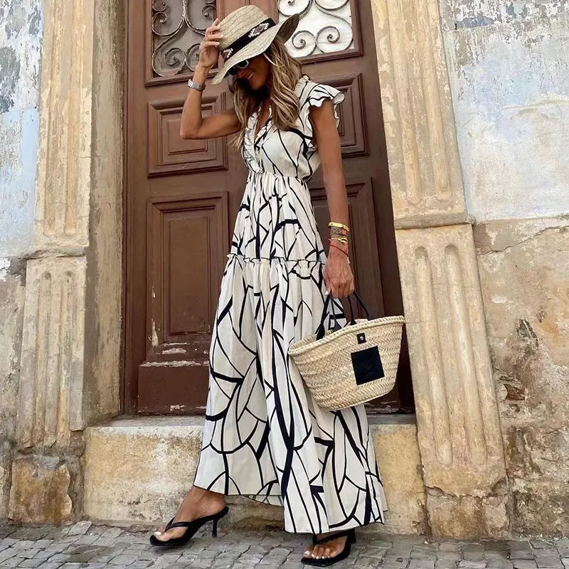 Geometric Print V-neck  Maxi Dress