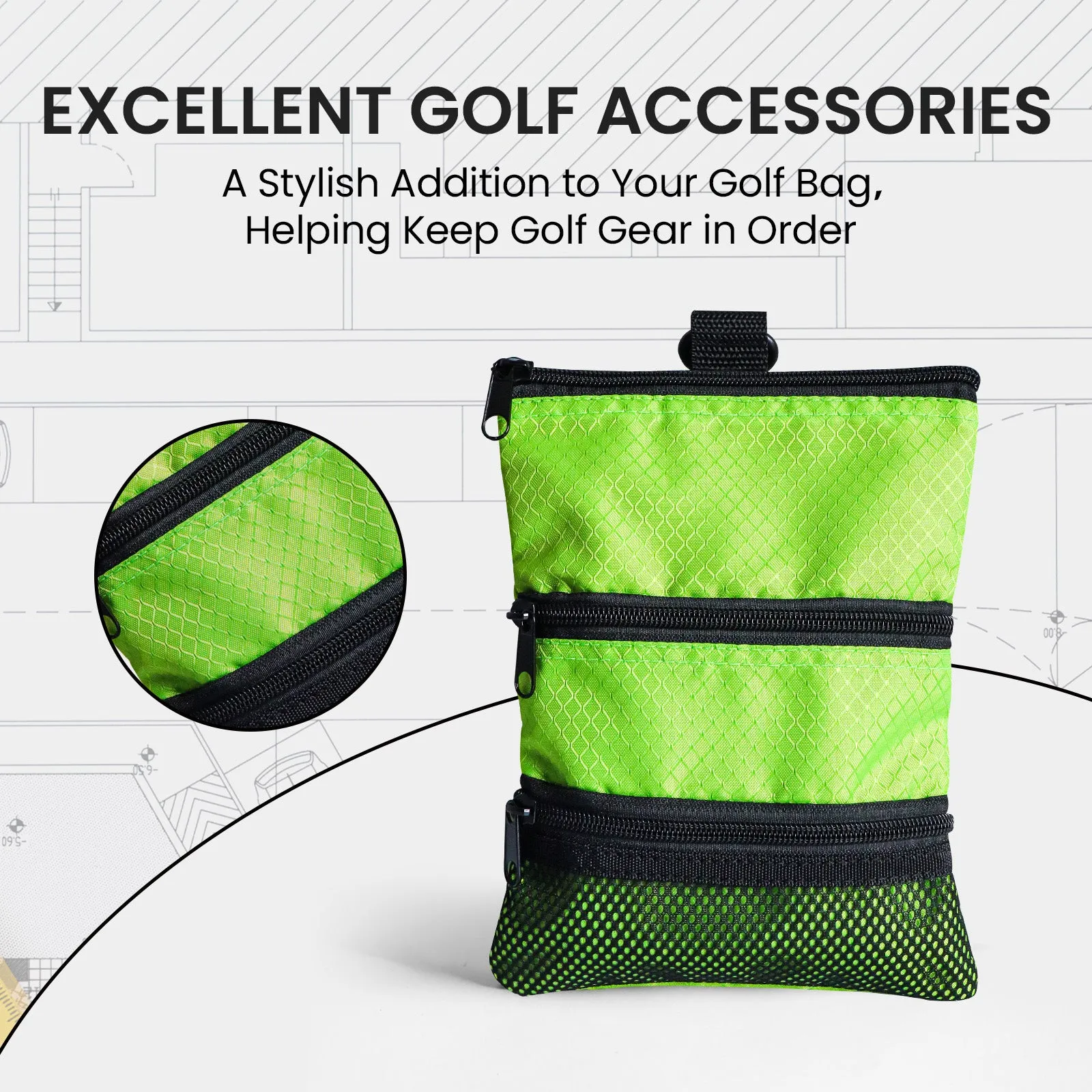 Golf valuables Pouch, Zipper Golf Ball Bag with 3 Pockets