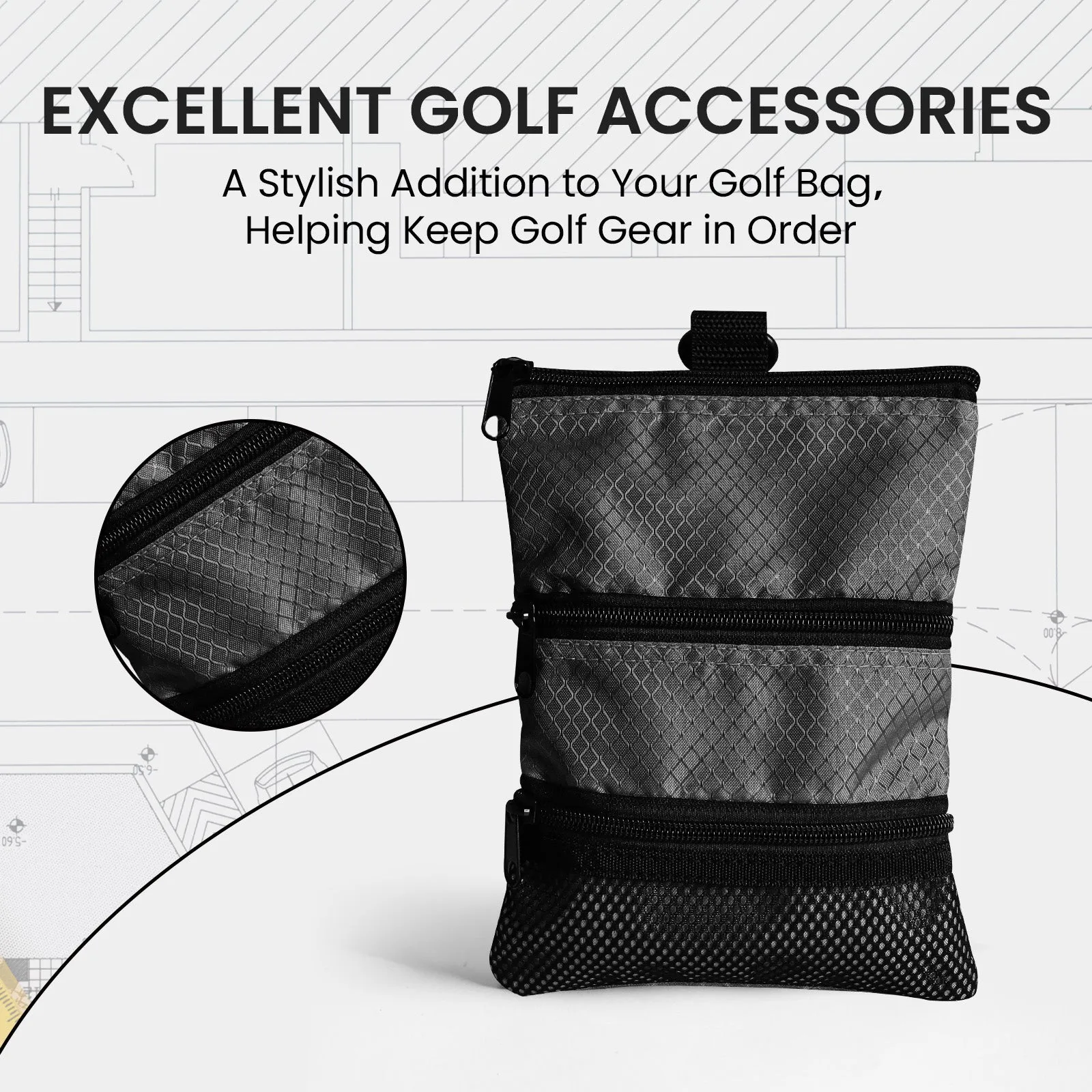 Golf valuables Pouch, Zipper Golf Ball Bag with 3 Pockets