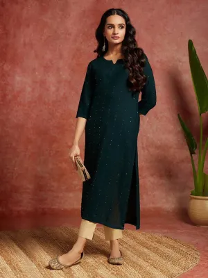 Green Embellished Rayon Straight Kurta