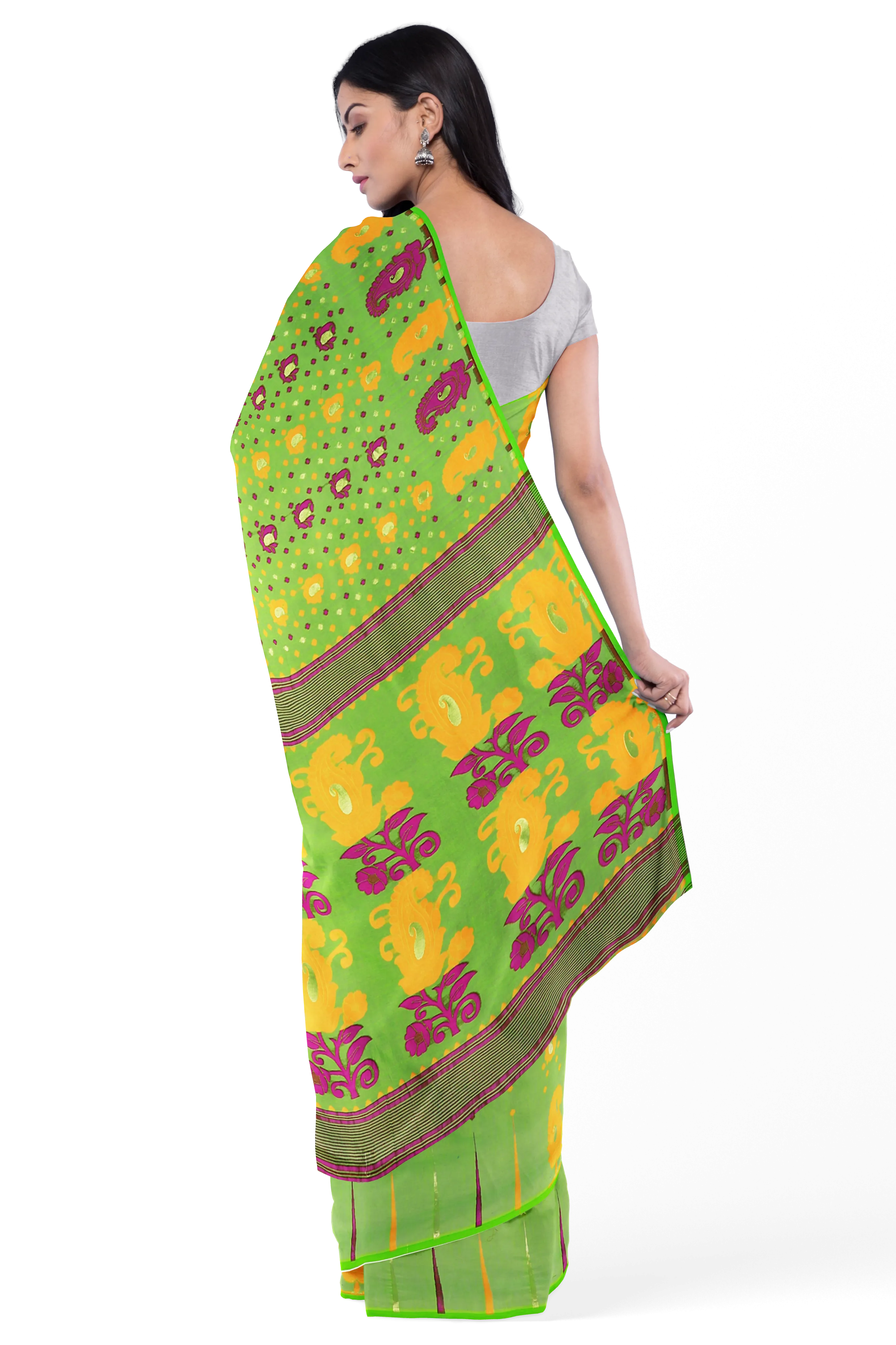 Green LIVA Saree with Multicolor Jamdani Weave