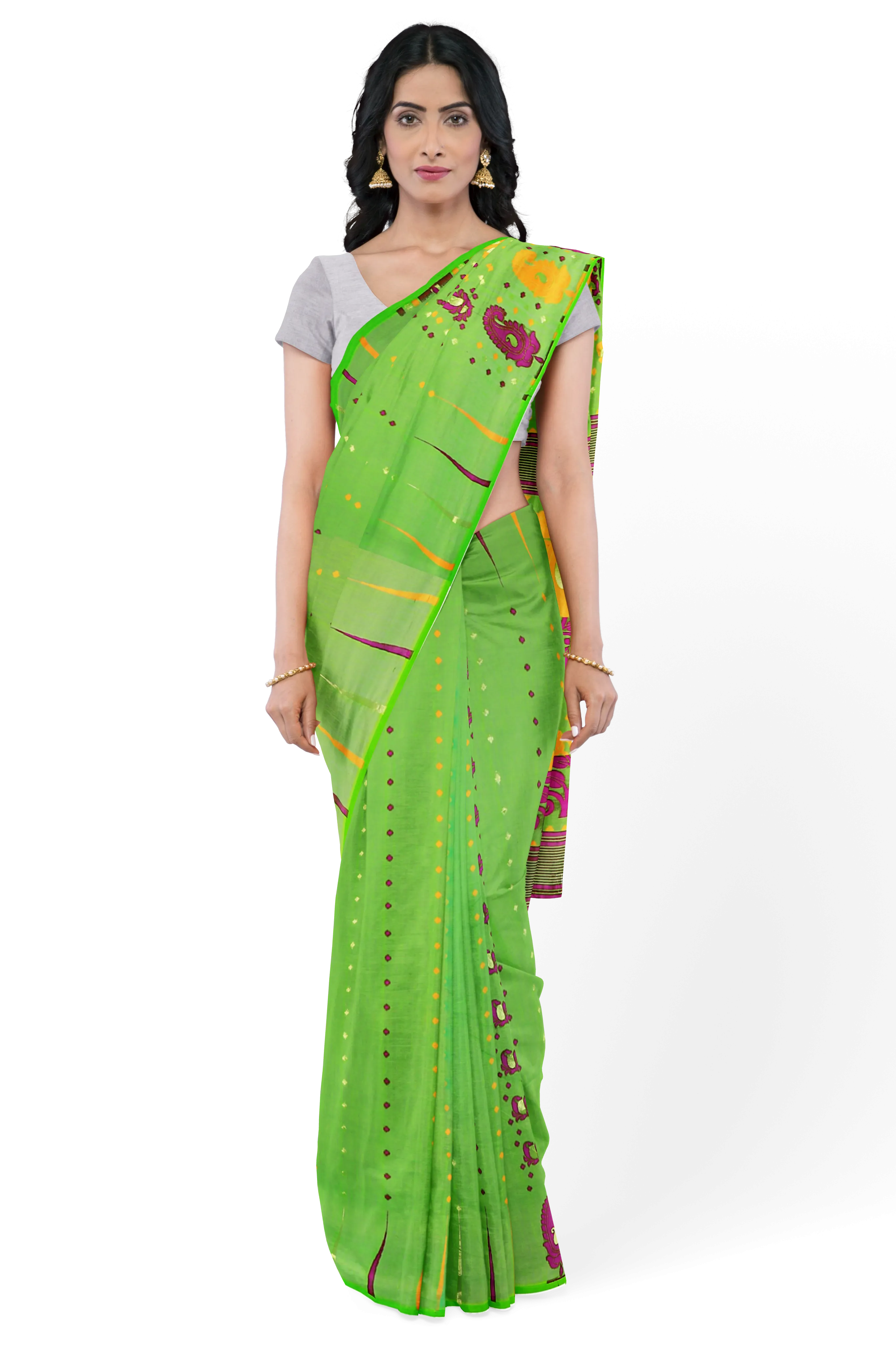 Green LIVA Saree with Multicolor Jamdani Weave