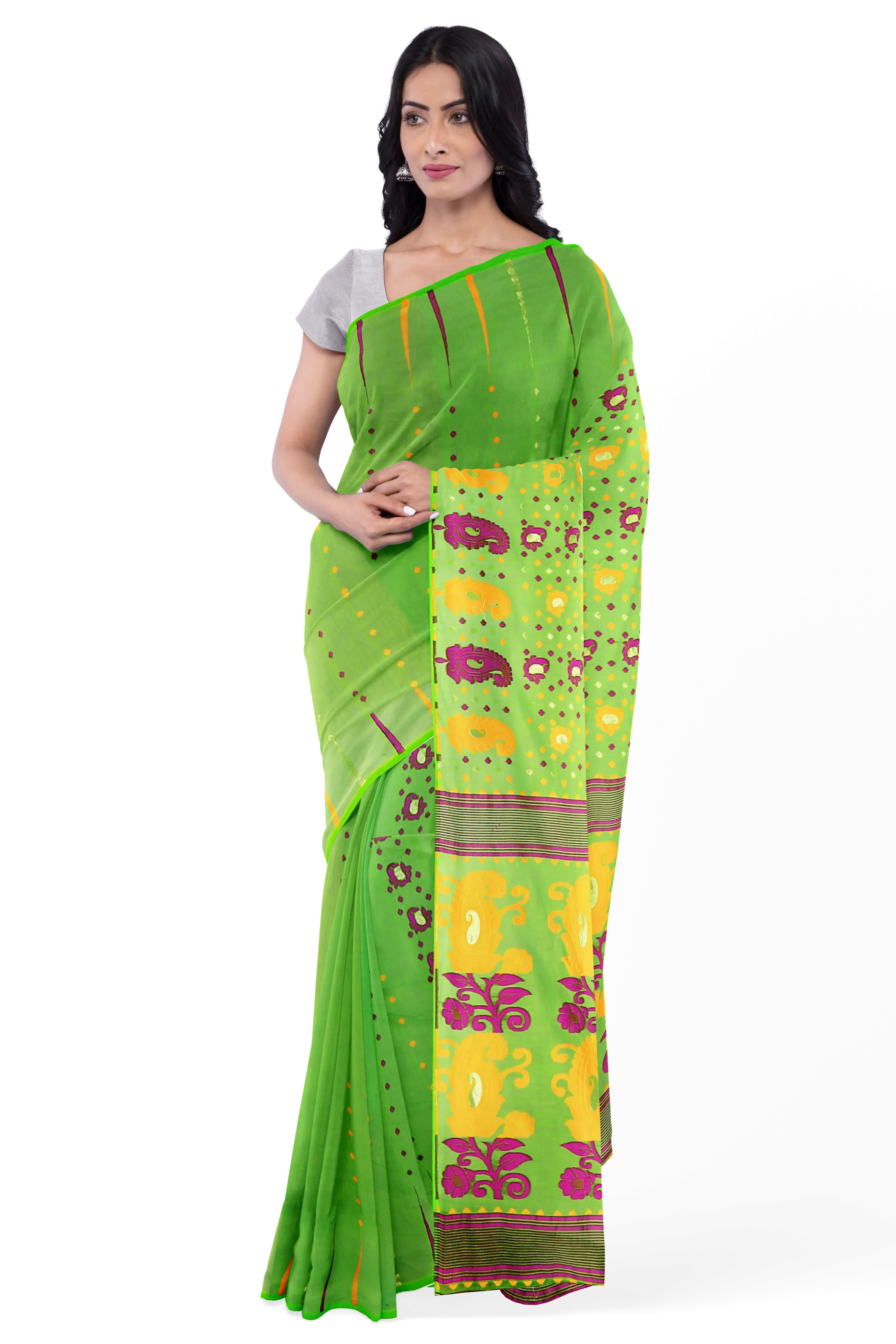 Green LIVA Saree with Multicolor Jamdani Weave