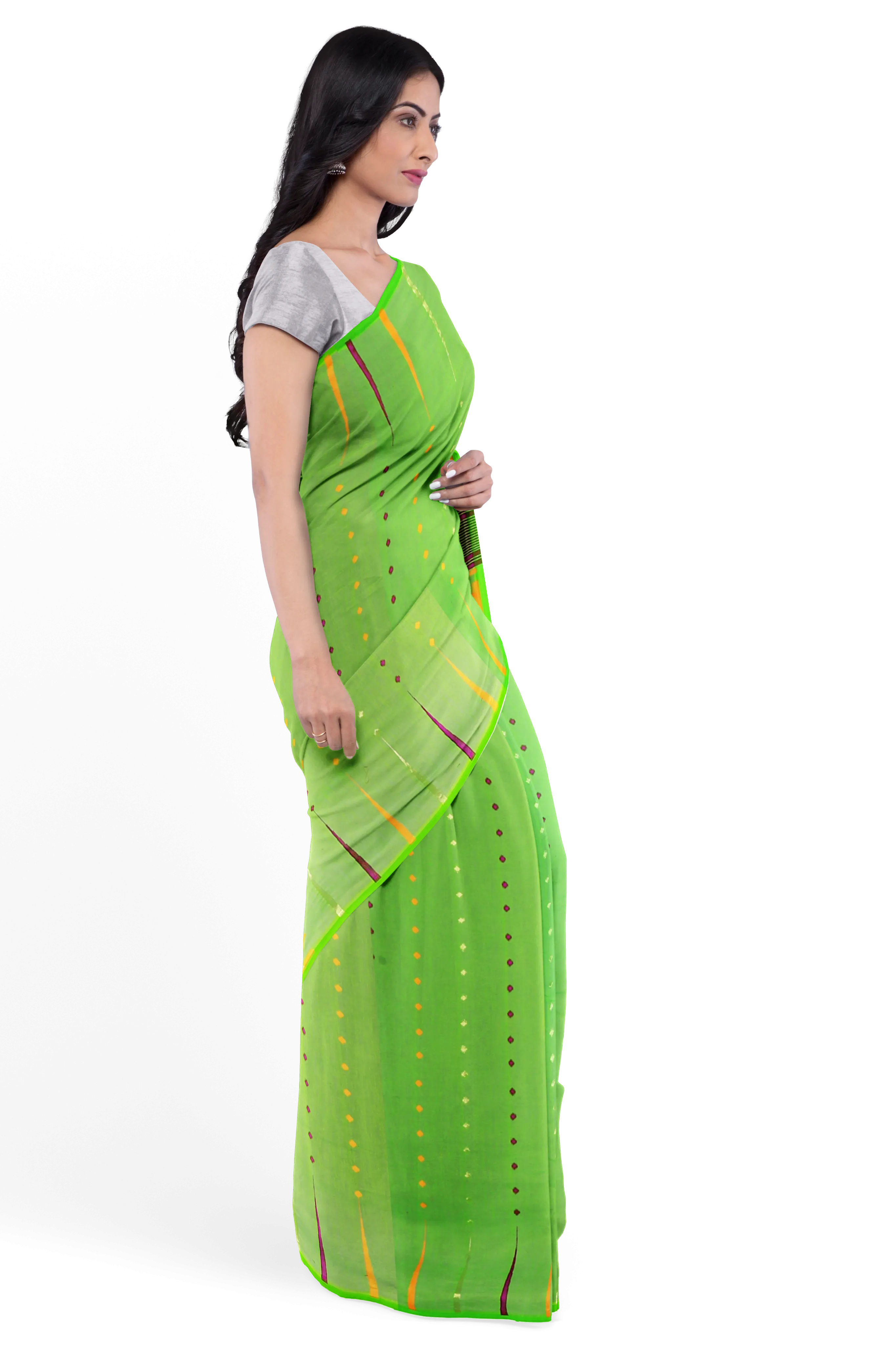 Green LIVA Saree with Multicolor Jamdani Weave