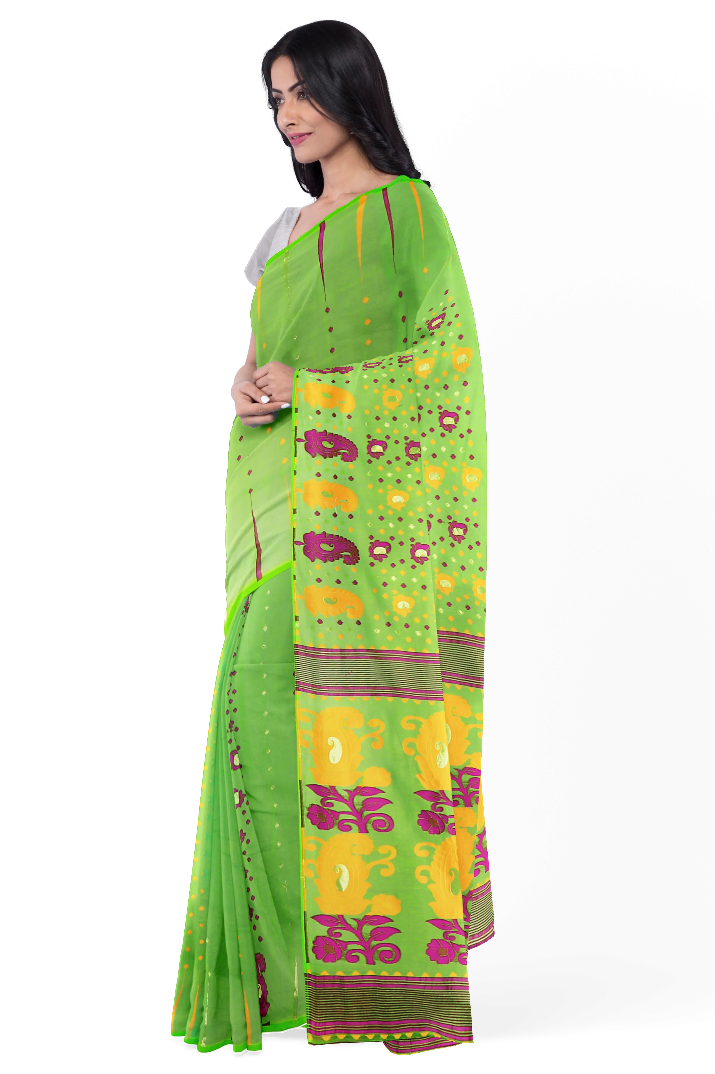 Green LIVA Saree with Multicolor Jamdani Weave