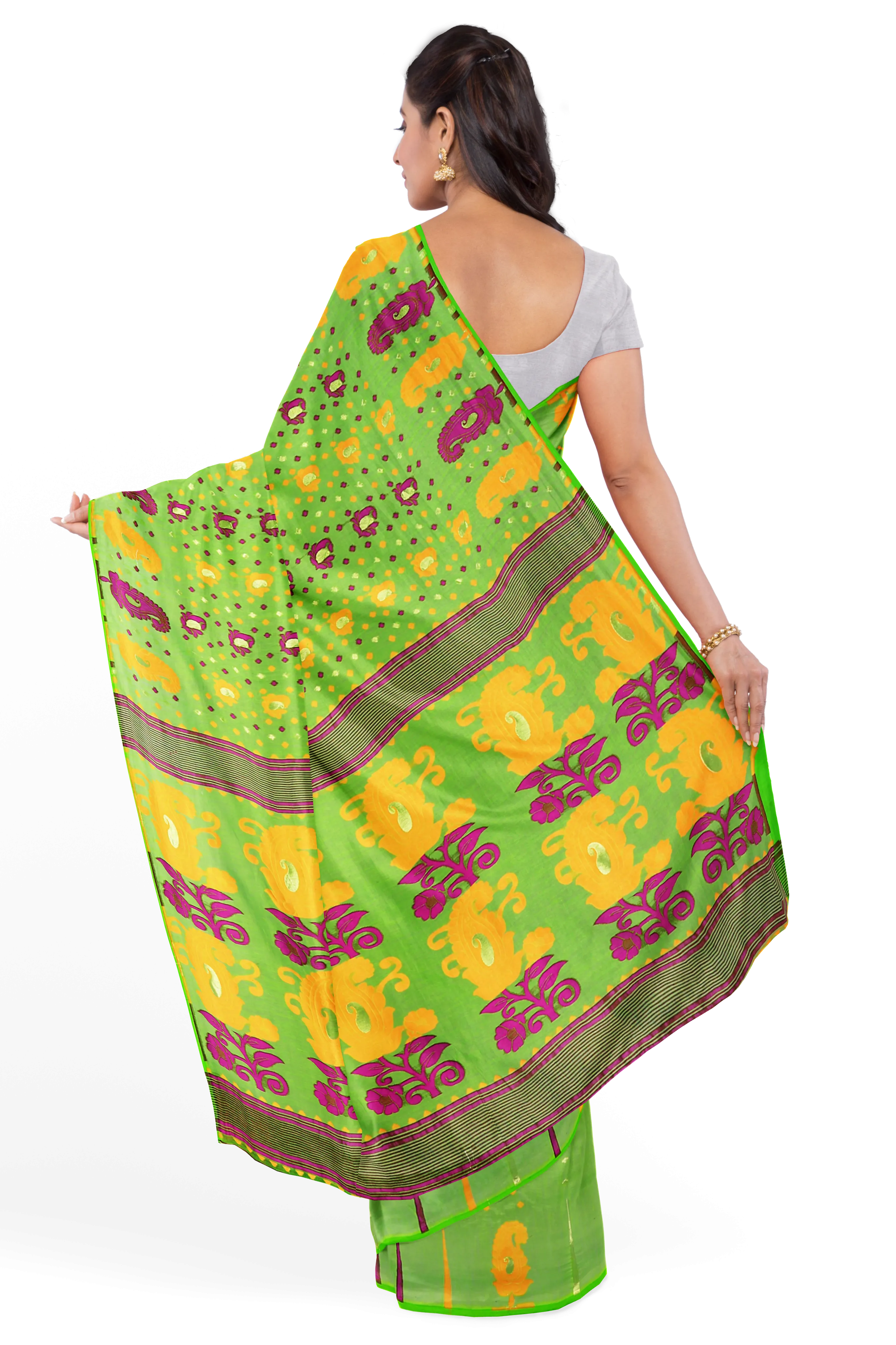 Green LIVA Saree with Multicolor Jamdani Weave