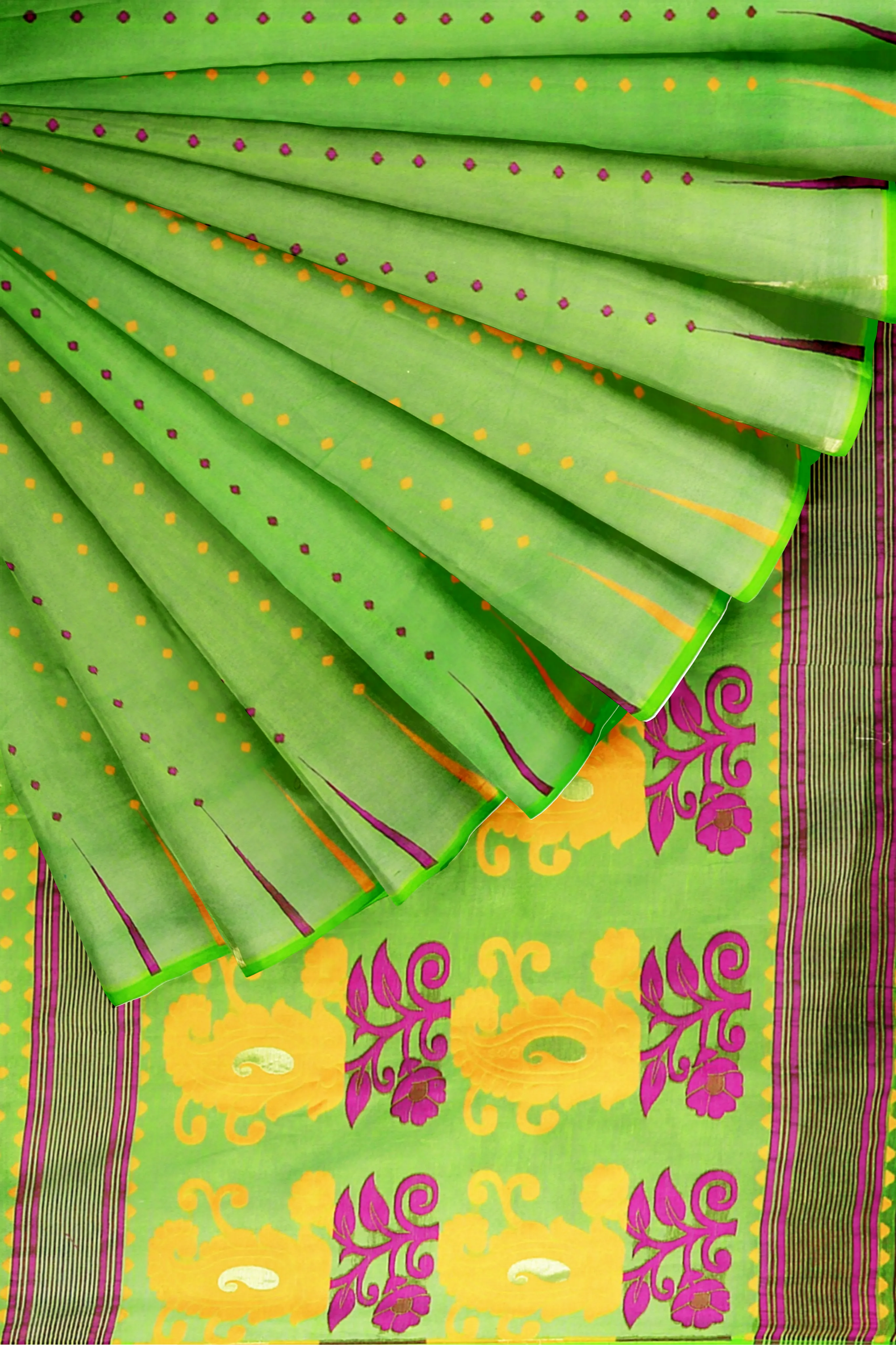 Green LIVA Saree with Multicolor Jamdani Weave