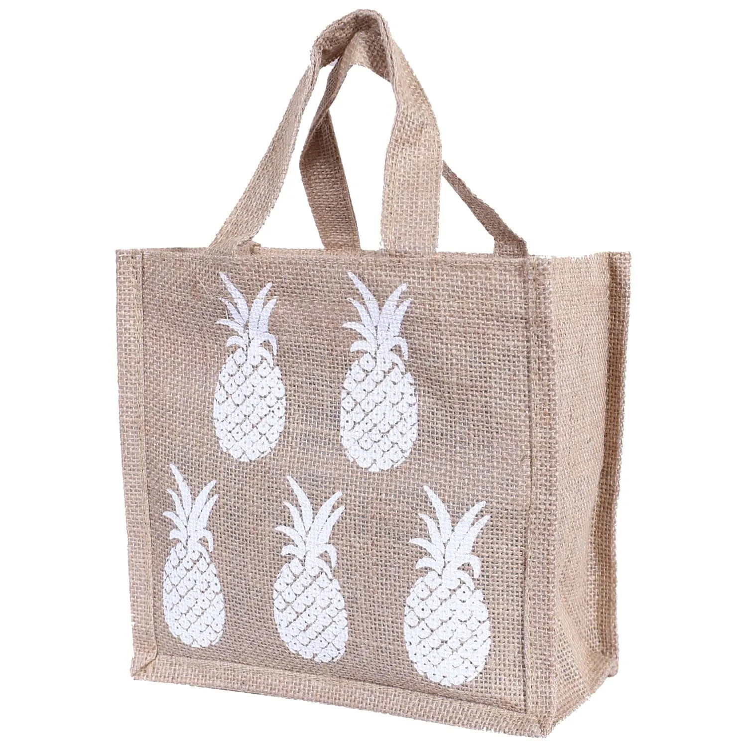 Heart Home Lunch Bag|Reusable Jute Fabric Tote Bag|Pineapple Print Tiffin Carry Hand Bag with Handle for Office,School,Gift,Pack of 4 (Brown)