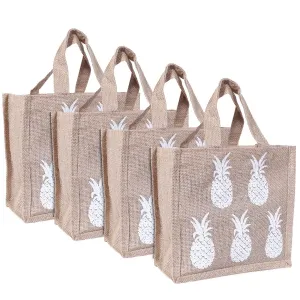 Heart Home Lunch Bag|Reusable Jute Fabric Tote Bag|Pineapple Print Tiffin Carry Hand Bag with Handle for Office,School,Gift,Pack of 4 (Brown)