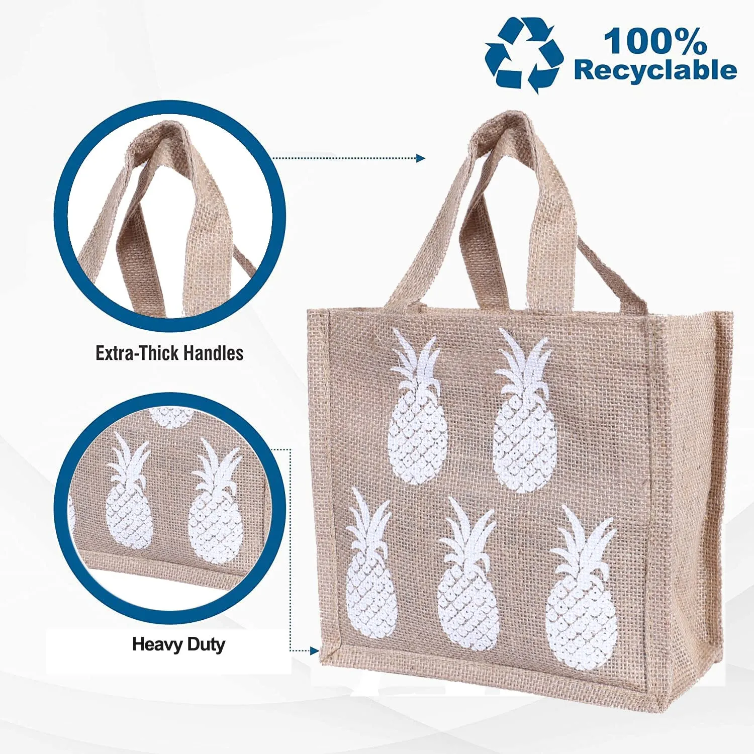 Heart Home Lunch Bag|Reusable Jute Fabric Tote Bag|Pineapple Print Tiffin Carry Hand Bag with Handle for Office,School,Gift,Pack of 4 (Brown)