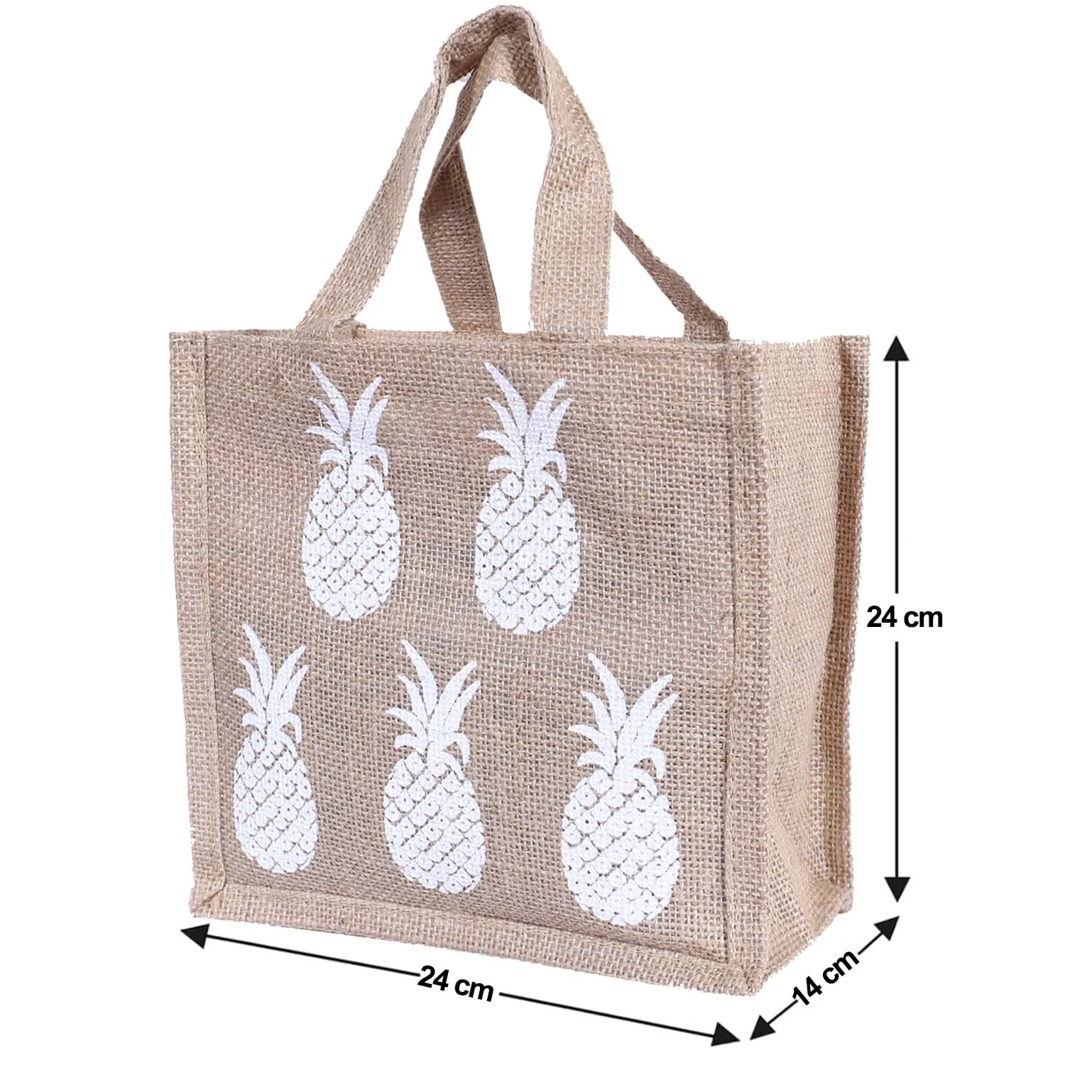 Heart Home Lunch Bag|Reusable Jute Fabric Tote Bag|Pineapple Print Tiffin Carry Hand Bag with Handle for Office,School,Gift,Pack of 4 (Brown)