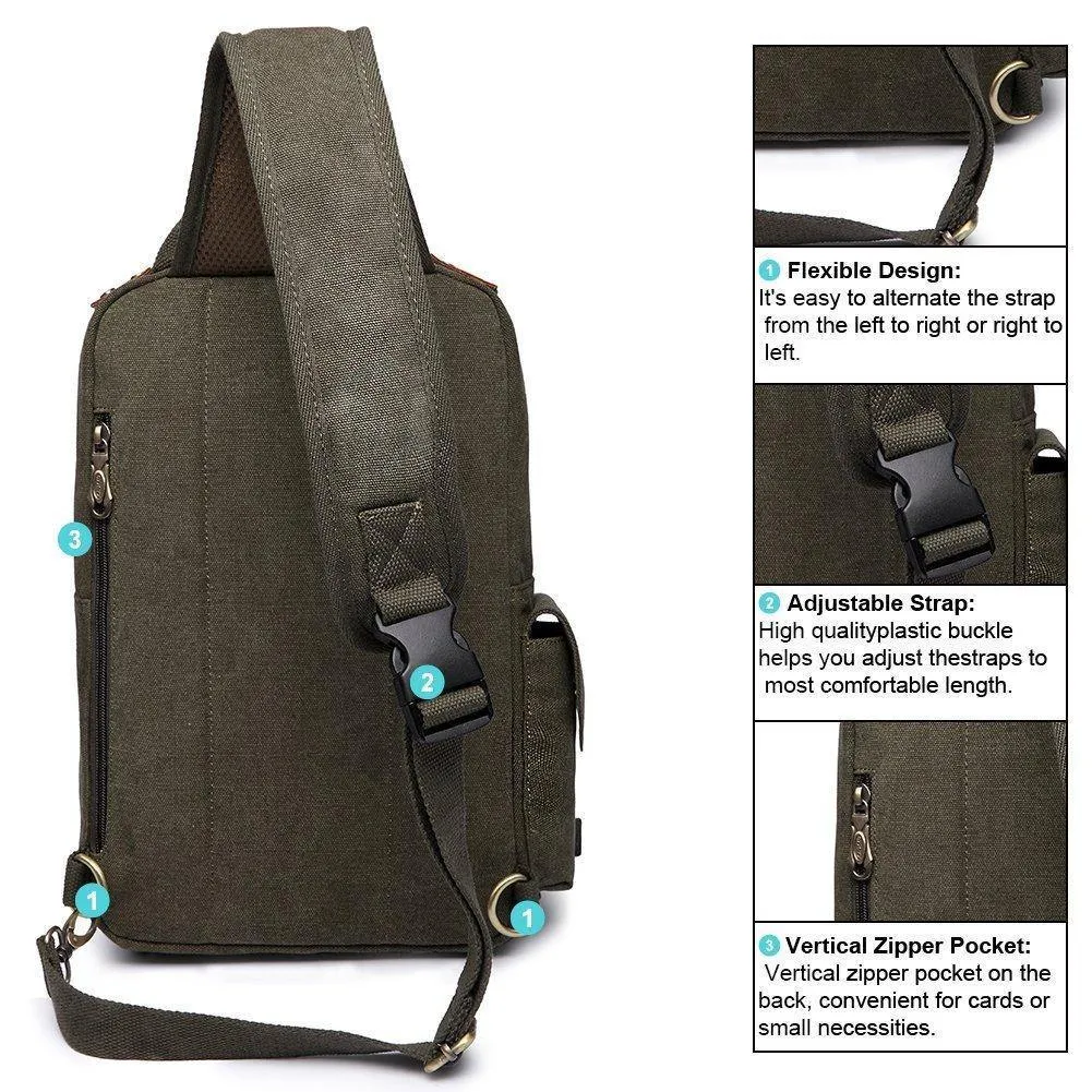 KAUKKO Canvas Crossbody Sling Bag Backpack for Cycling, Hiking, Camping, and Commuting, FD252 ( Army Green )