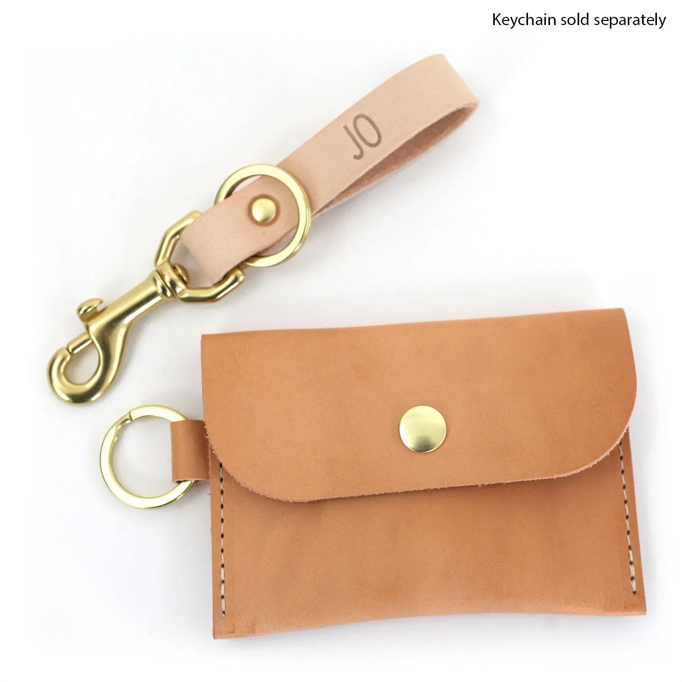 Leather Keyring Card Wallet with Monogram  - Natural Beige