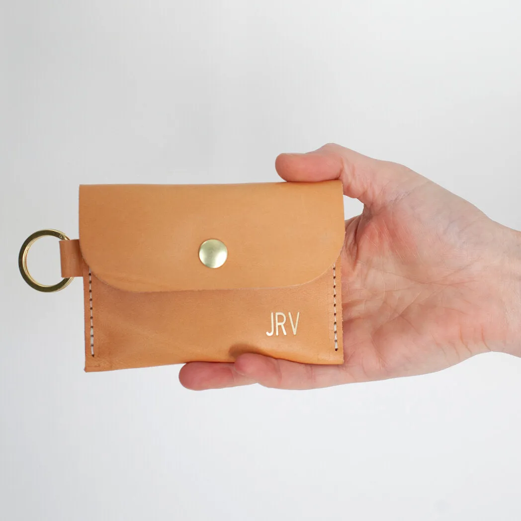 Leather Keyring Card Wallet with Monogram  - Natural Beige