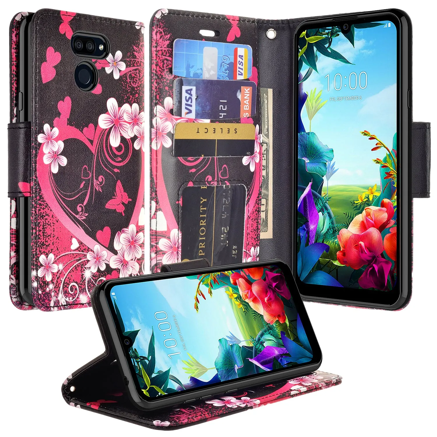 LG Harmony 4 Case, LG K40S Wallet Case, Wrist Strap Pu Leather Wallet Case [Kickstand] with ID & Credit Card Slots - Heart Butterflies