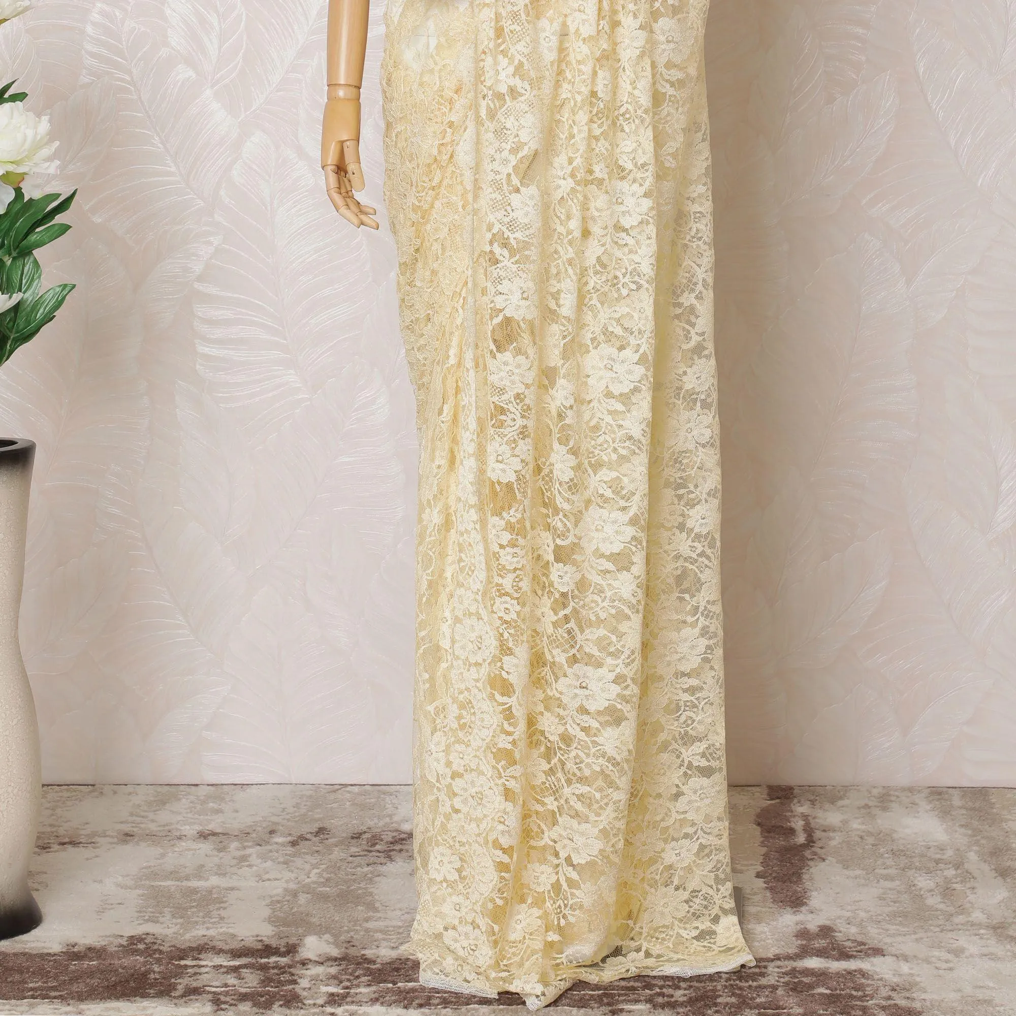 Light gold Premium pure French chantilly lace saree in floral design-D14561