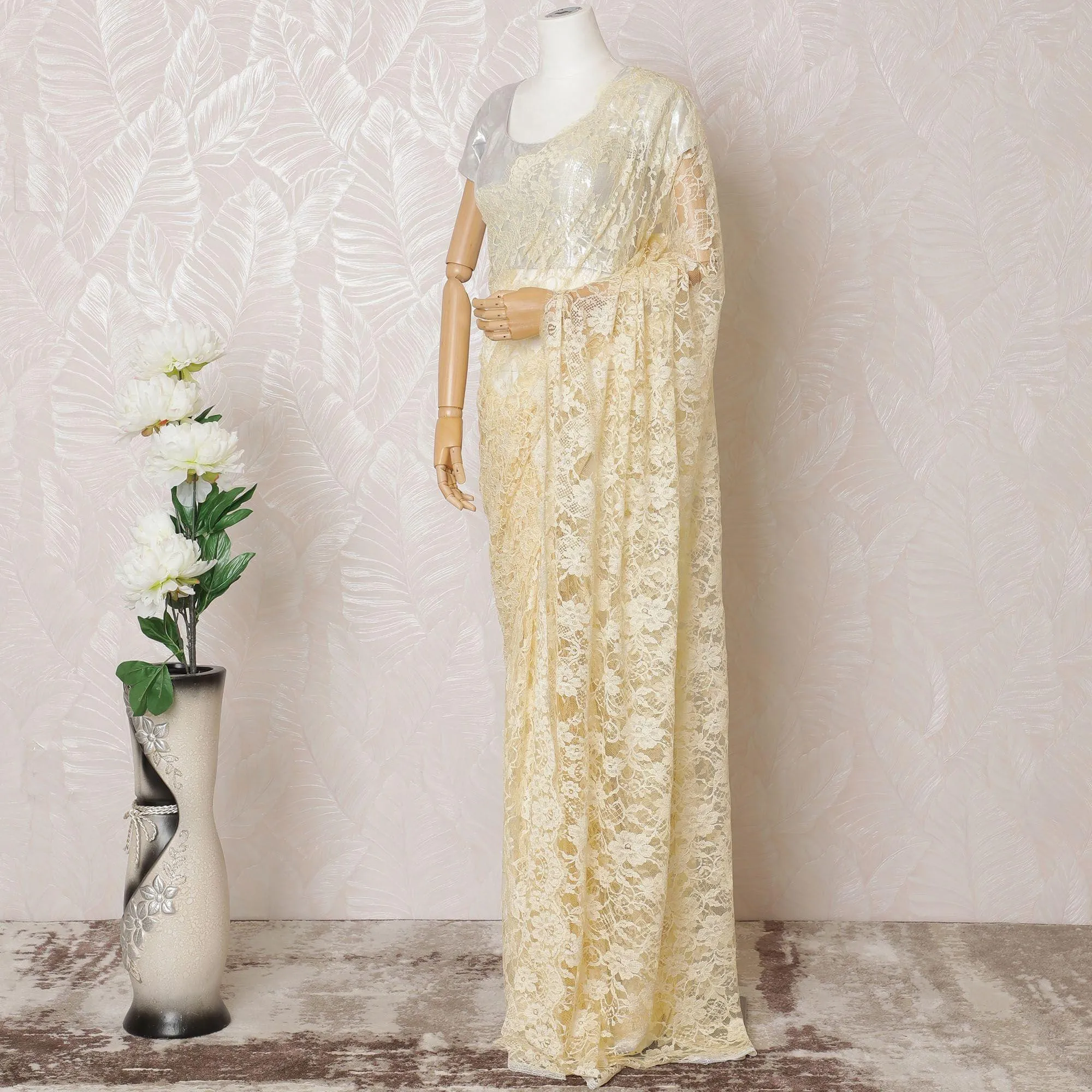 Light gold Premium pure French chantilly lace saree in floral design-D14561