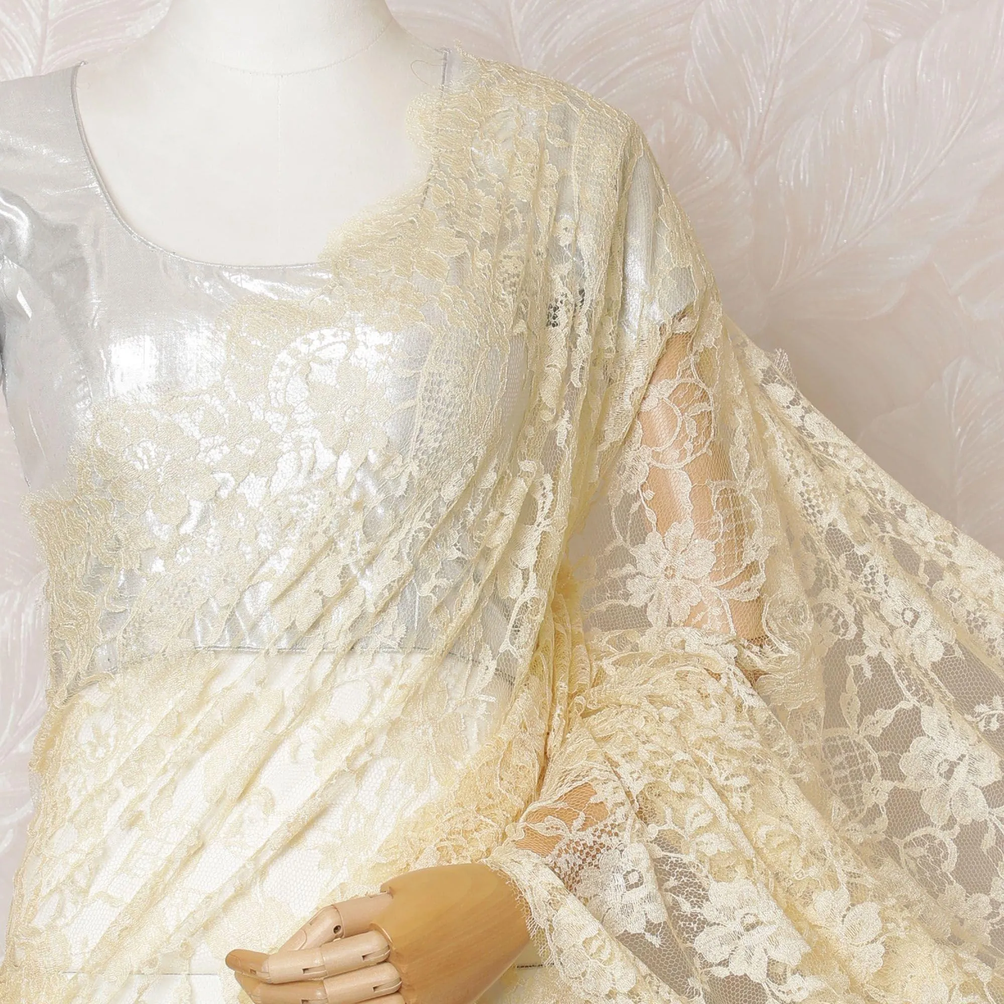 Light gold Premium pure French chantilly lace saree in floral design-D14561