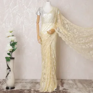 Light gold Premium pure French chantilly lace saree in floral design-D14561