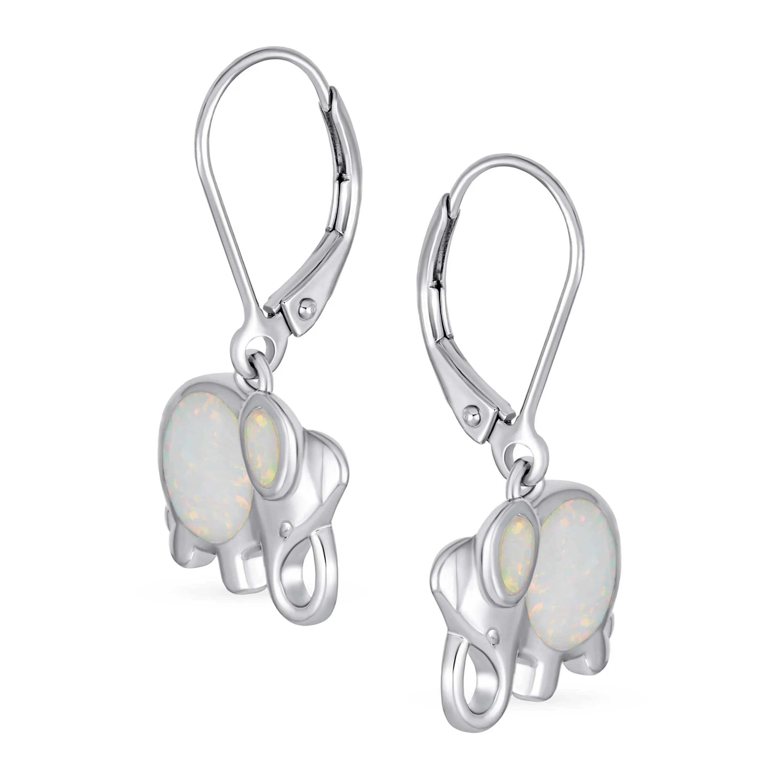 Lucky Elephant Dangle Gemstone Earrings with White Opal Sterling Silver October Birthstone