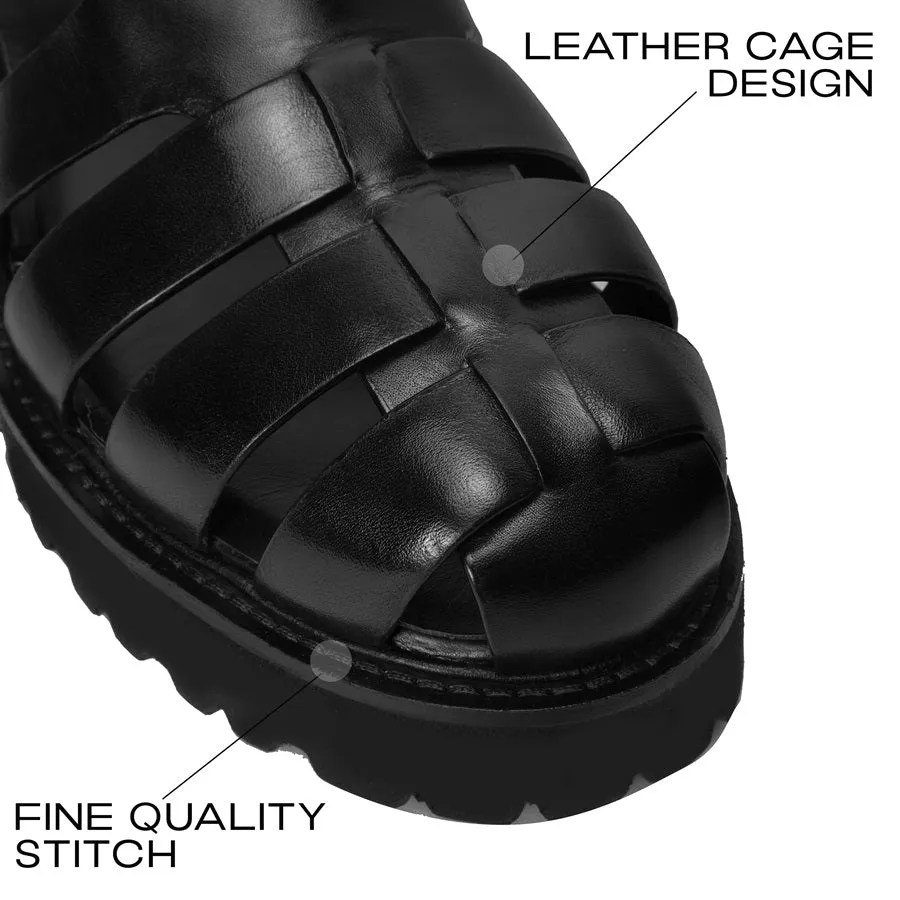 Luxurious Black Cage Sandal with Gun Metal Accessory