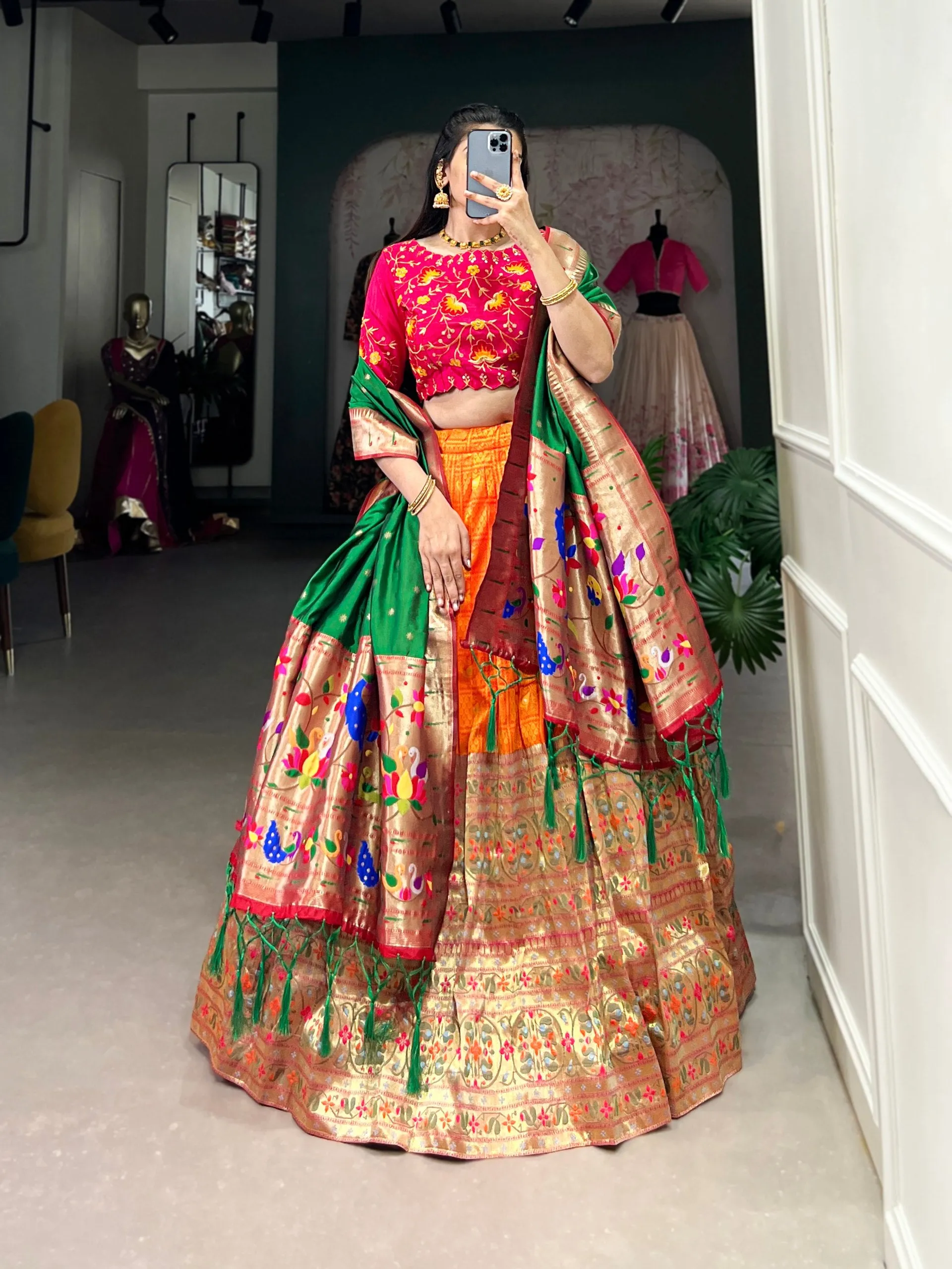 Luxurious Orange Jacquard Paithani Zari Weaved Lehenga Choli