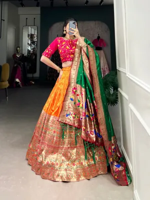 Luxurious Orange Jacquard Paithani Zari Weaved Lehenga Choli